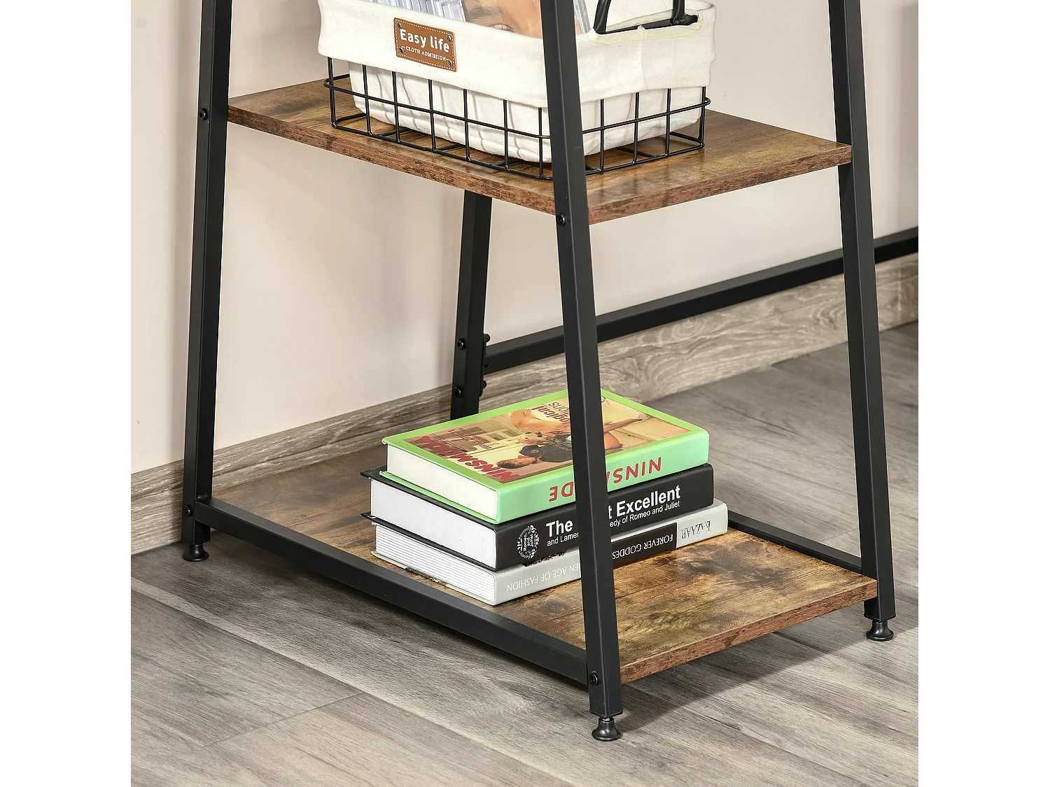 Bureau informatique design industriel 2 étagères panneaux particules aspect vieux bois acier noir