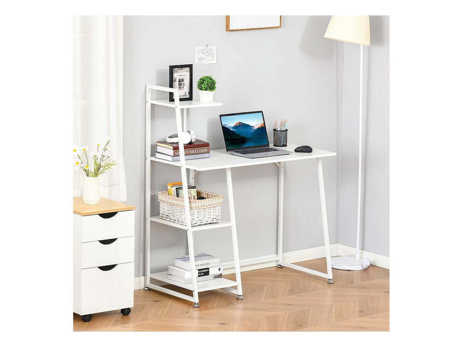 Bureau informatique design contemporain 3 étagères panneaux de particules châssis métal blanc