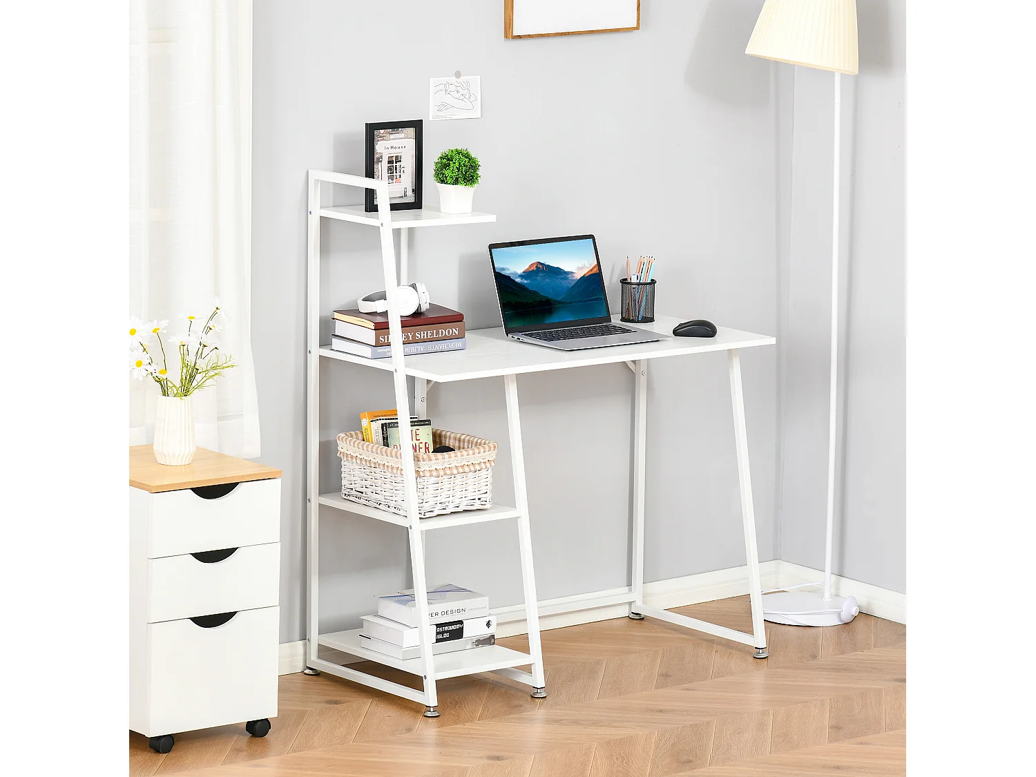 Bureau informatique design contemporain 3 étagères panneaux de particules châssis métal blanc