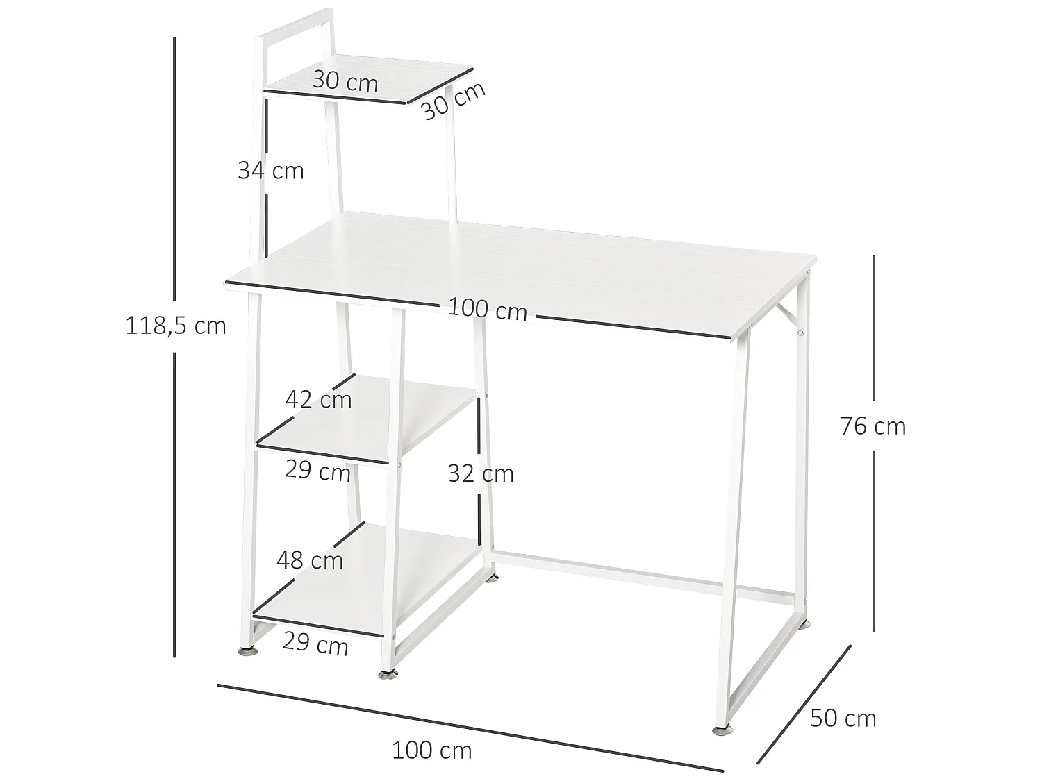 Bureau informatique design contemporain 3 étagères panneaux de particules châssis métal blanc
