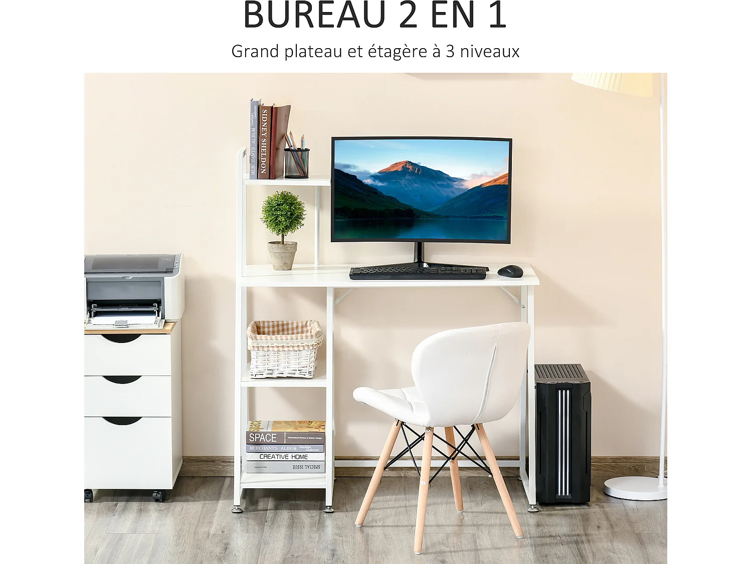 Bureau informatique design contemporain 3 étagères panneaux de particules châssis métal blanc