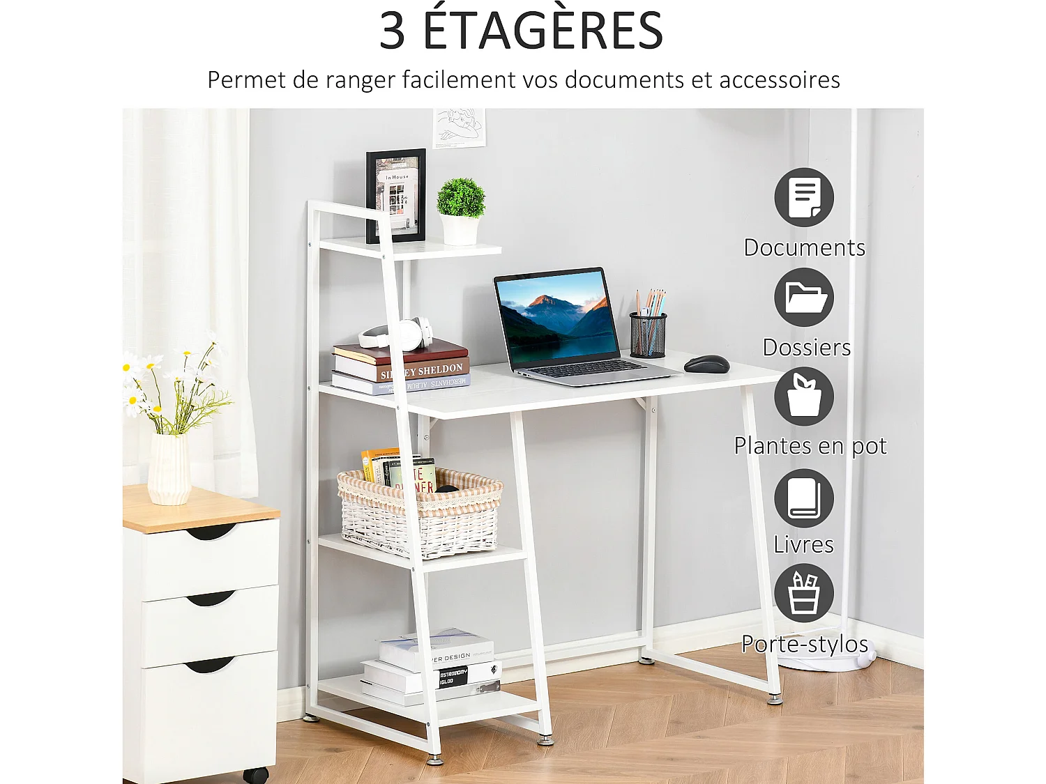 Bureau informatique design contemporain 3 étagères panneaux de particules châssis métal blanc
