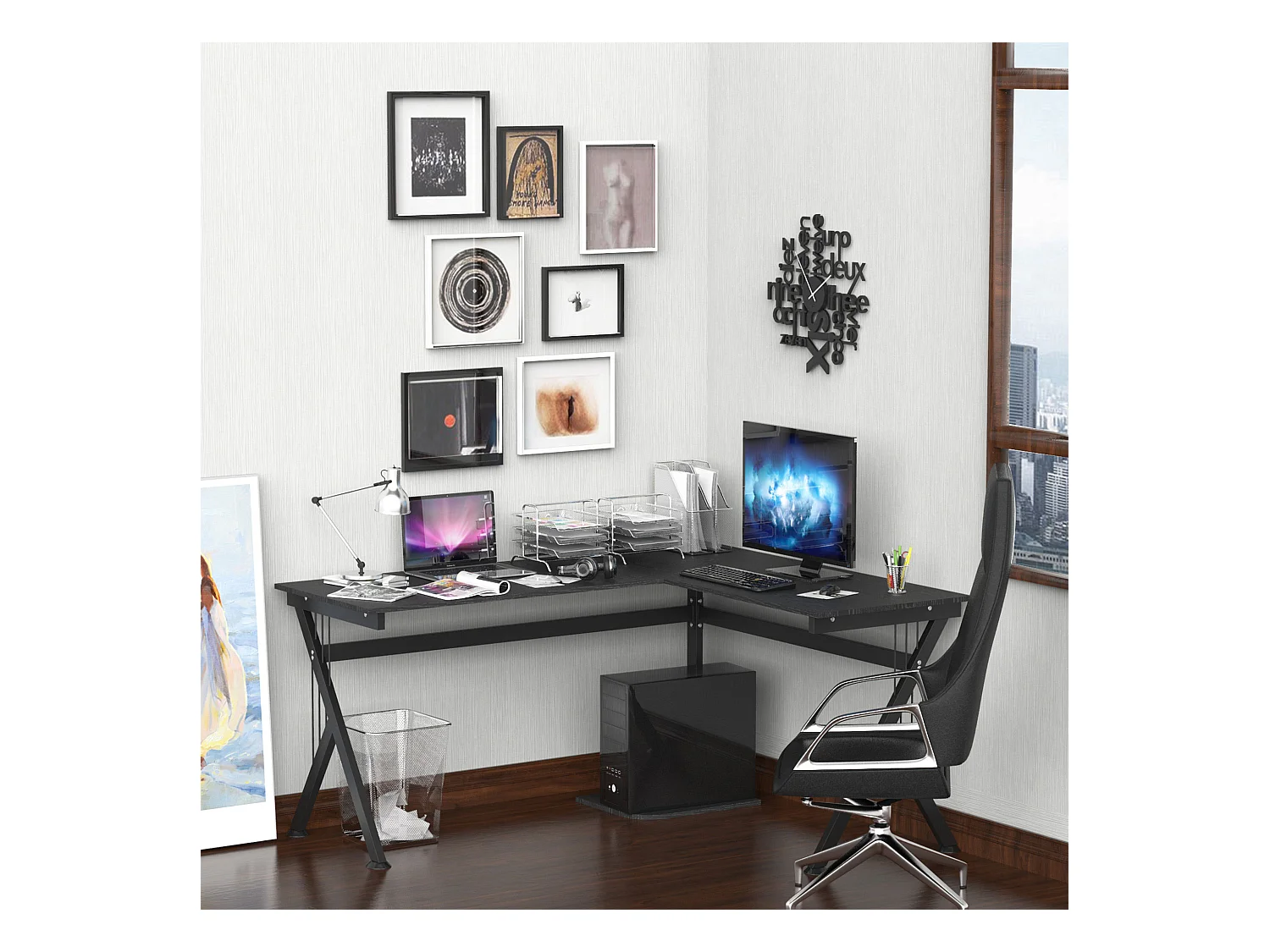 Bureau d'angle informatique design contemporain 155L x 130l x 76H cm MDF acier noir
