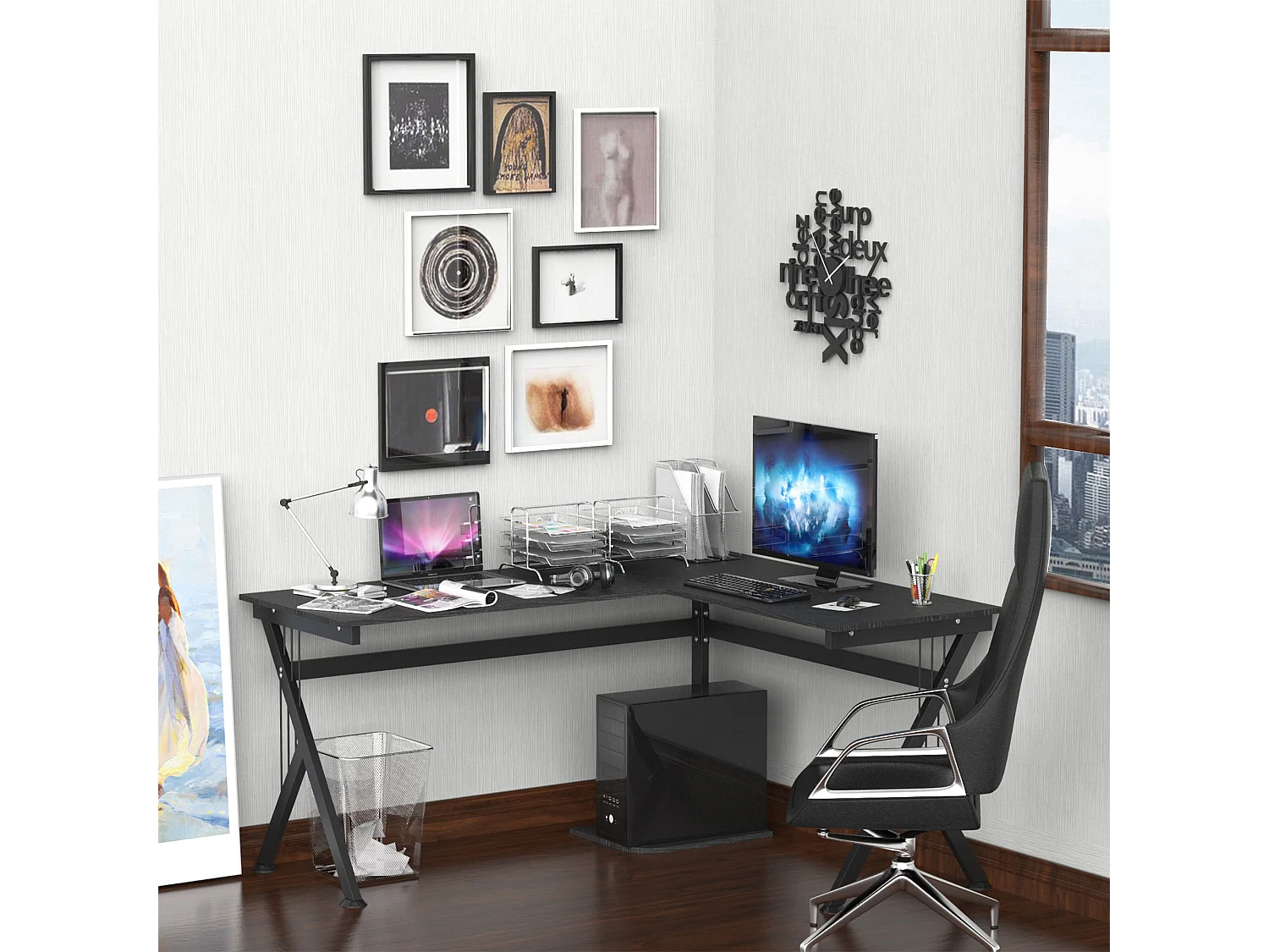 Bureau d'angle informatique design contemporain 155L x 130l x 76H cm MDF acier noir