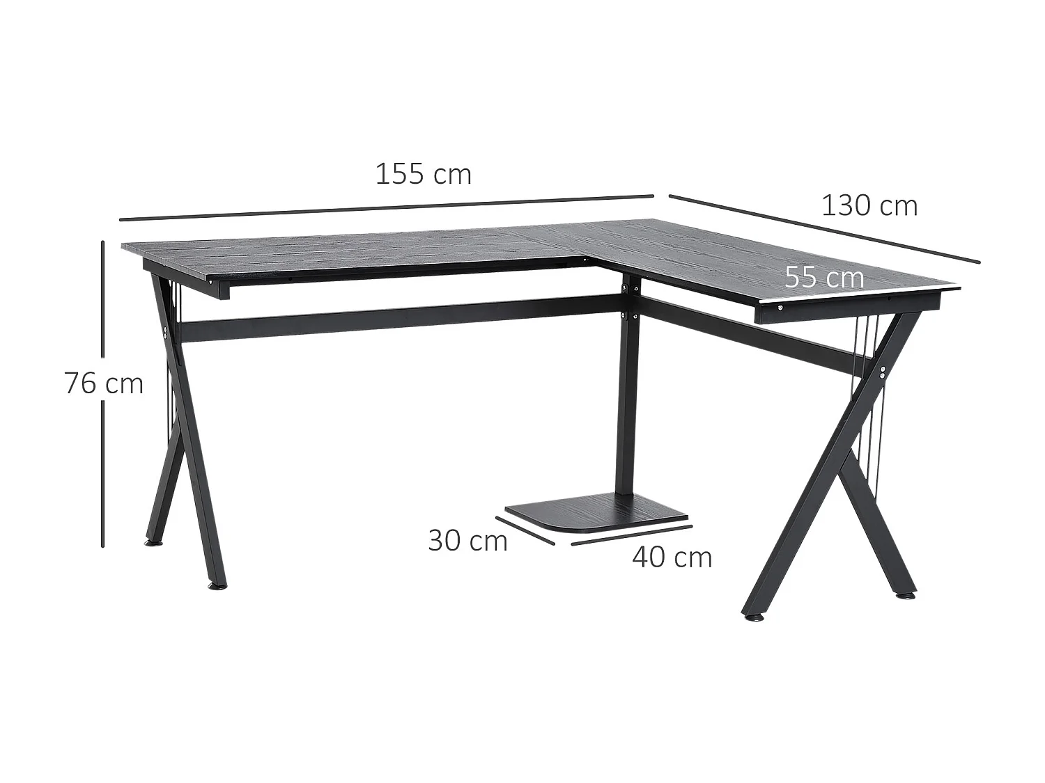 Bureau d'angle informatique design contemporain 155L x 130l x 76H cm MDF acier noir