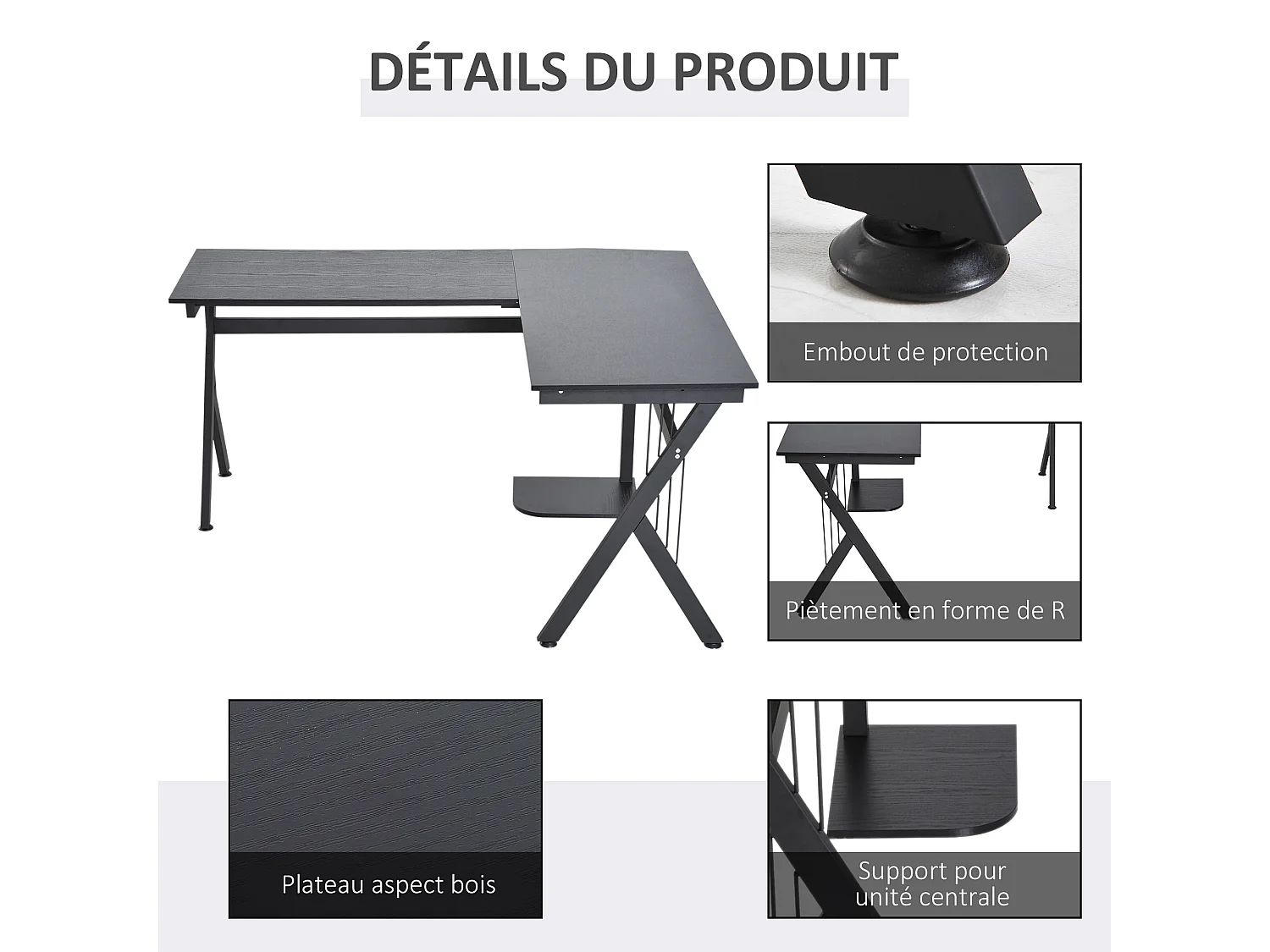 Bureau d'angle informatique design contemporain 155L x 130l x 76H cm MDF acier noir