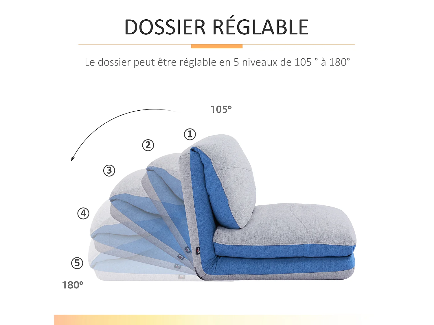 Chauffeuse - matelas d'appoint pliant - fauteuil convertible - inclinaison dossier réglable 5 positions - tissu polyester aspect lin gris clair bleu