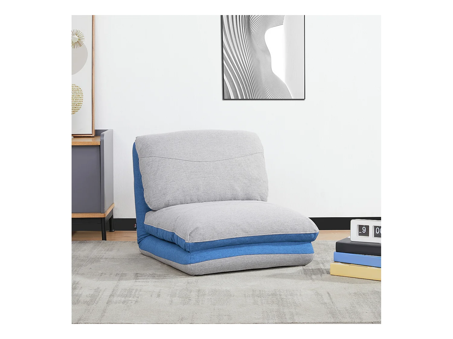 Chauffeuse - matelas d'appoint pliant - fauteuil convertible - inclinaison dossier réglable 5 positions - tissu polyester aspect lin gris clair bleu