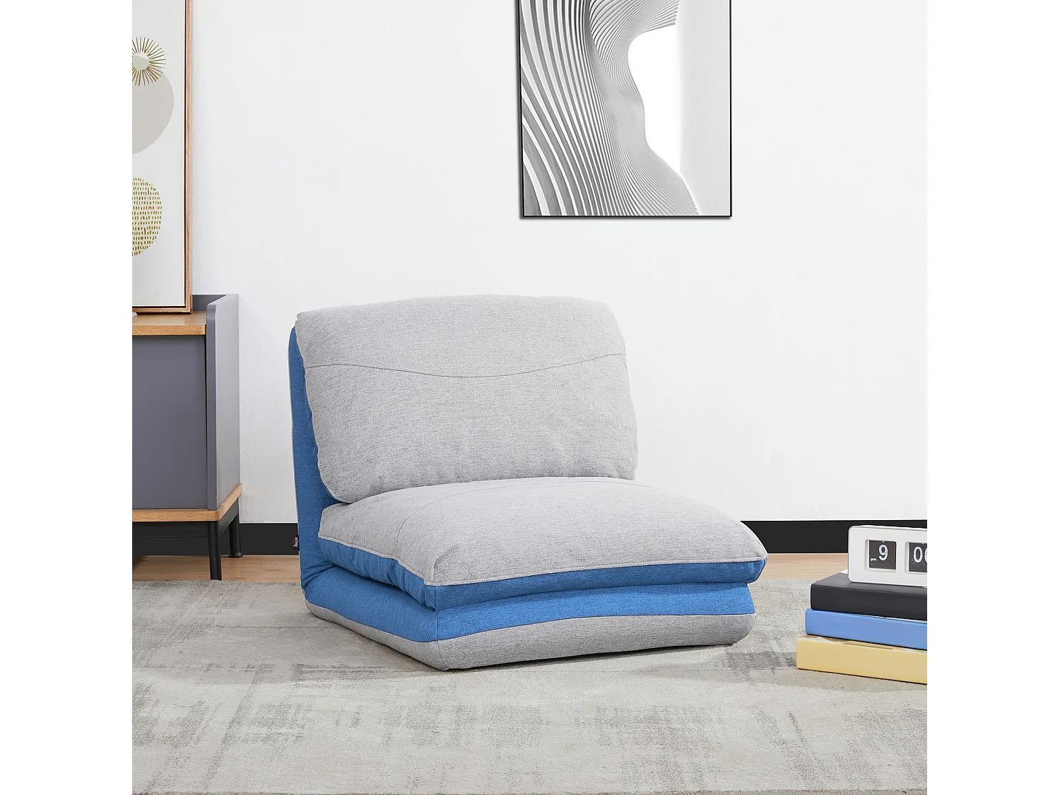 Chauffeuse - matelas d'appoint pliant - fauteuil convertible - inclinaison dossier réglable 5 positions - tissu polyester aspect lin gris clair bleu