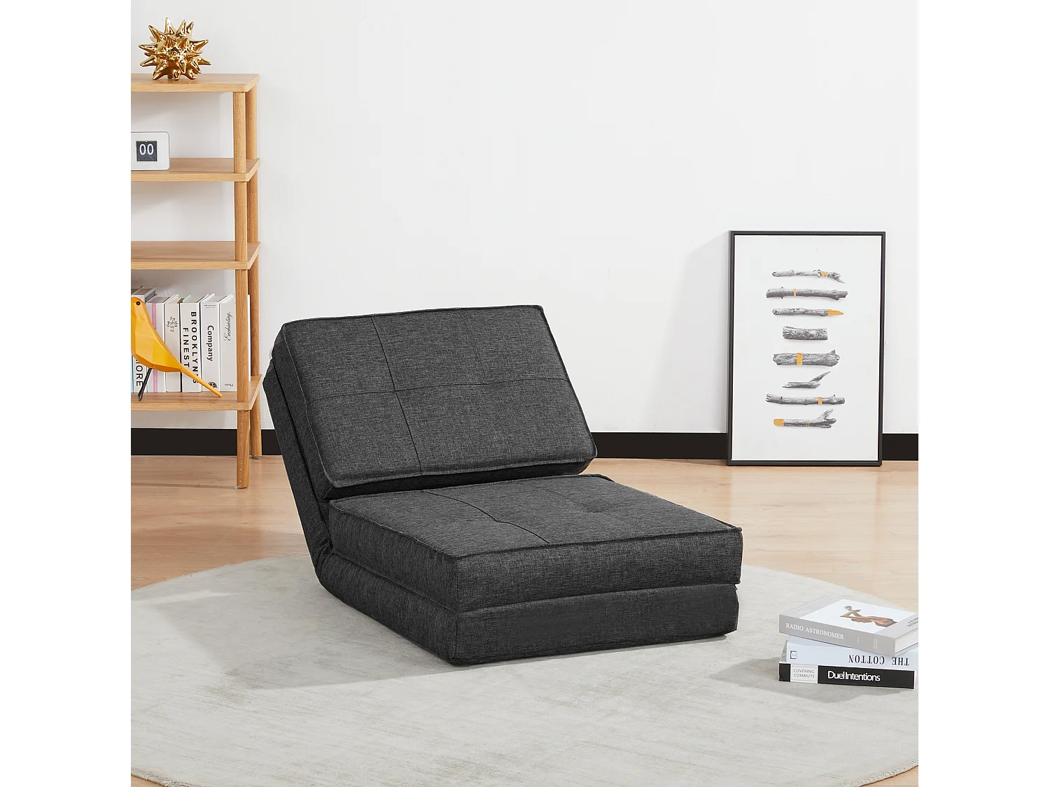 Chauffeuse - matelas d'appoint pliant - fauteuil convertible - inclinaison dossier réglable 5 positions - tissu polyester aspect lin gris