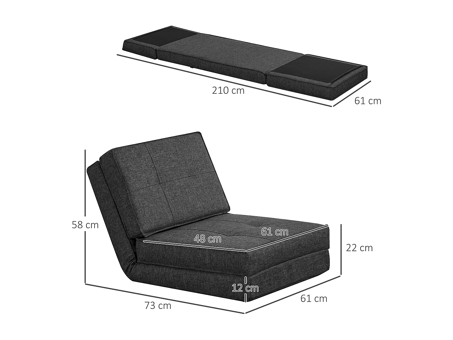 Chauffeuse - matelas d'appoint pliant - fauteuil convertible - inclinaison dossier réglable 5 positions - tissu polyester aspect lin gris