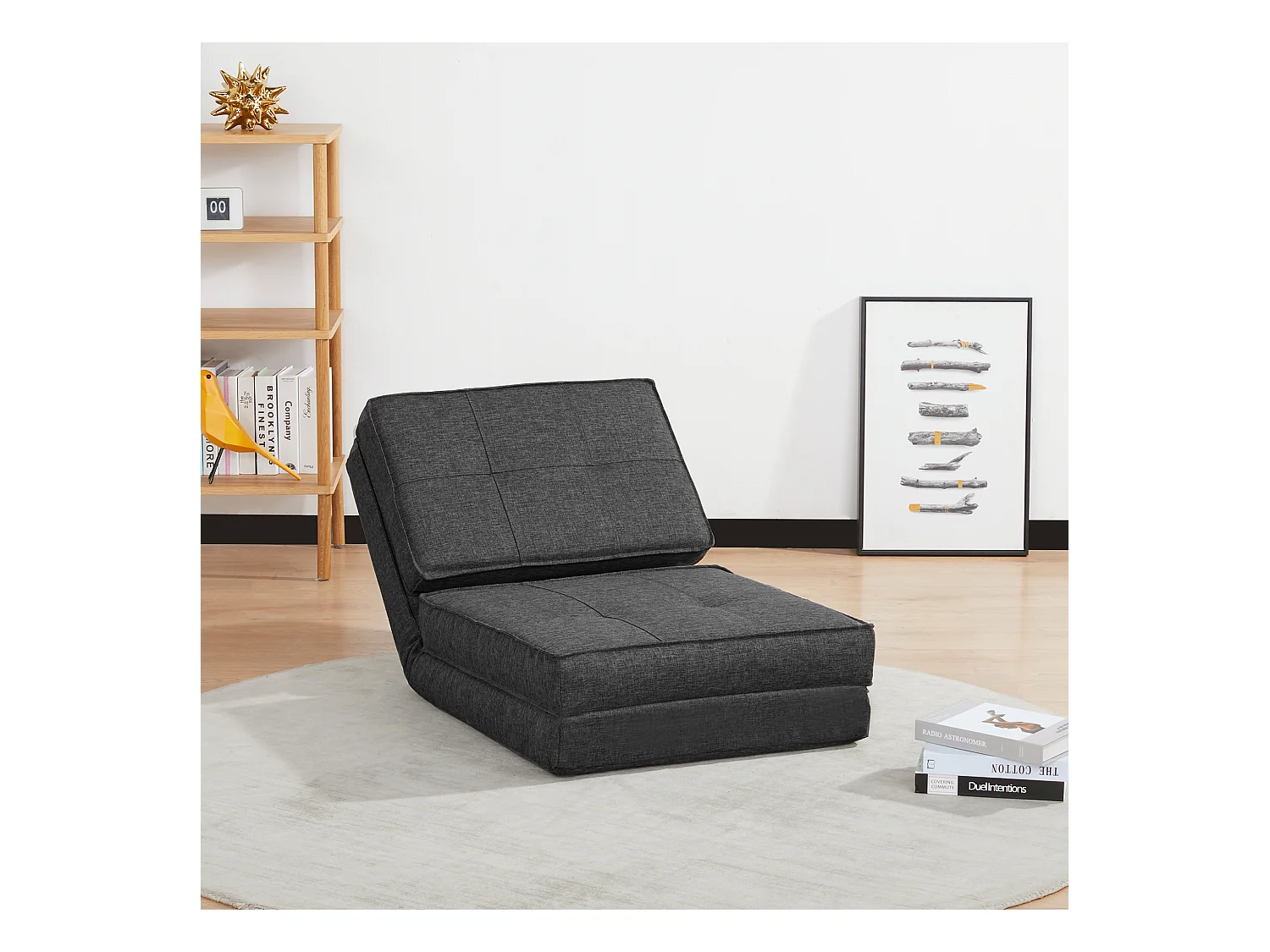 Chauffeuse - matelas d'appoint pliant - fauteuil convertible - inclinaison dossier réglable 5 positions - tissu polyester aspect lin gris