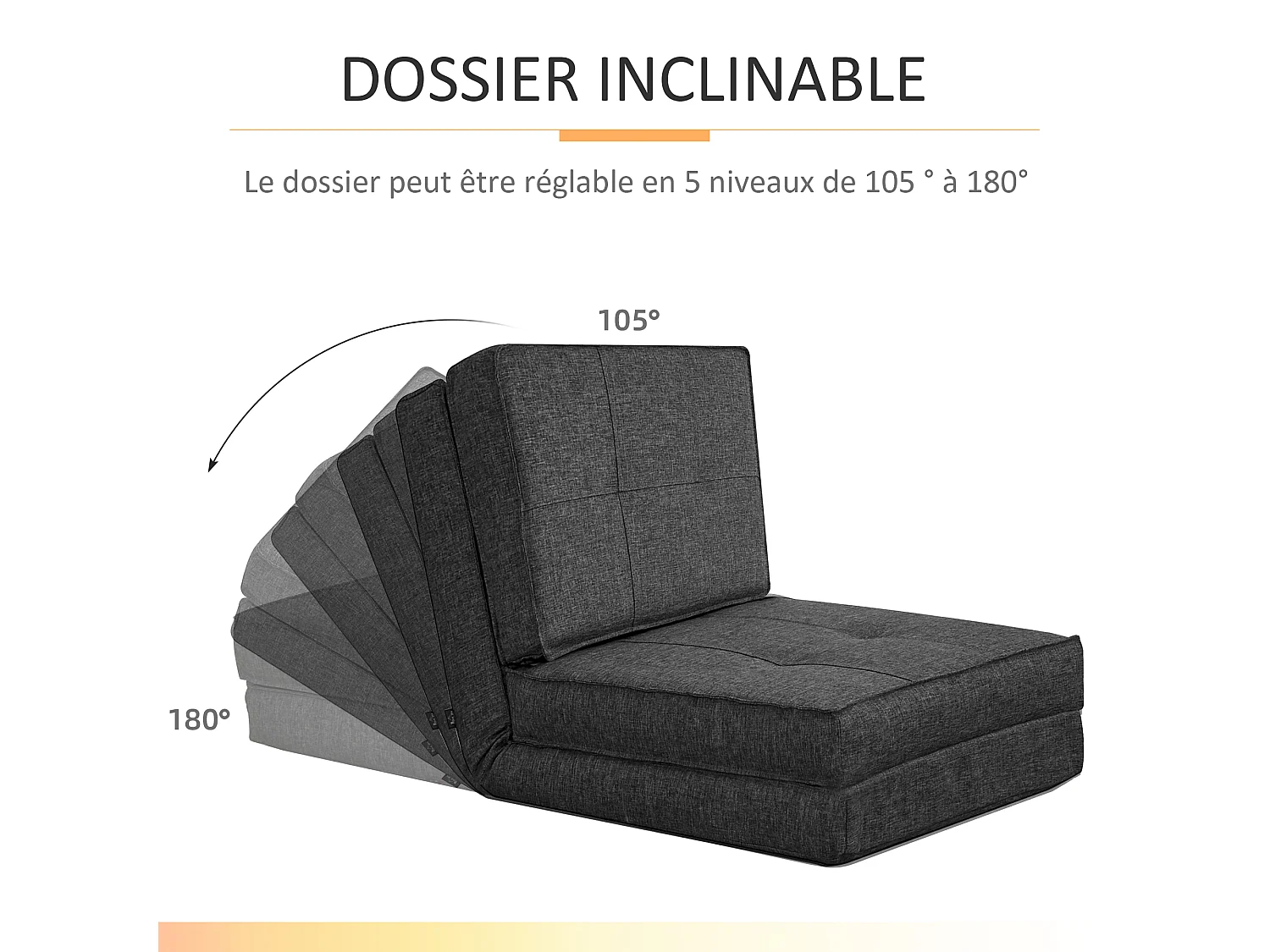 Chauffeuse - matelas d'appoint pliant - fauteuil convertible - inclinaison dossier réglable 5 positions - tissu polyester aspect lin gris
