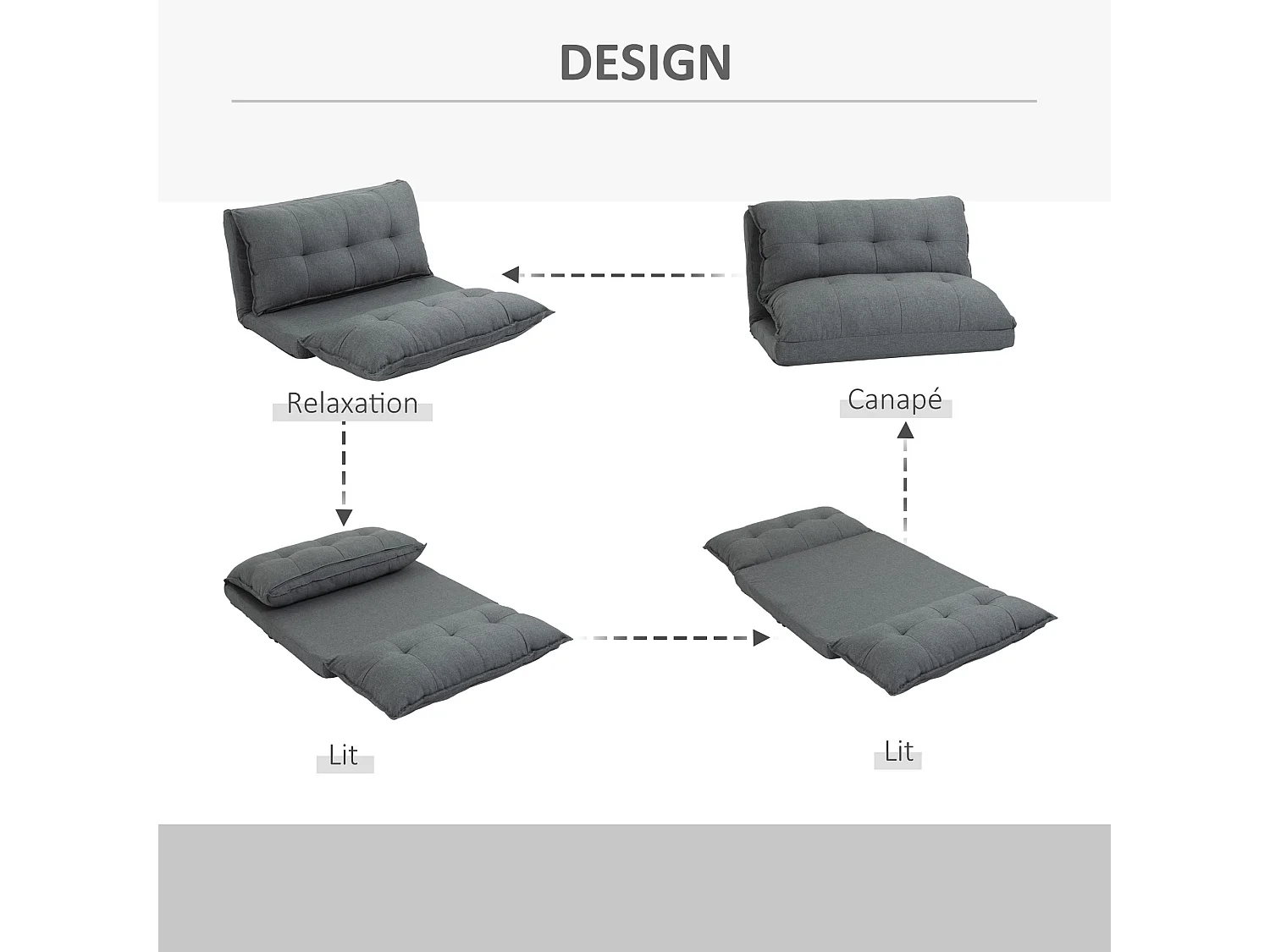 Chauffeuse - matelas d'appoint pliant - fauteuil convertible - inclinaison dossier réglable 13 positions - tissu lin gris