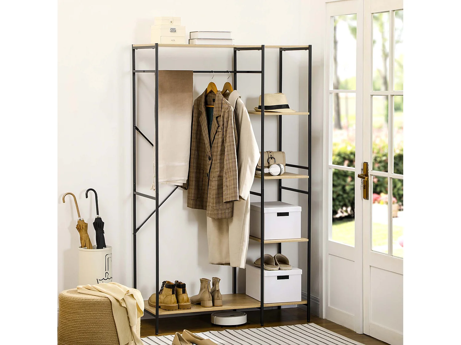 Penderie portant à vêtements style industriel en métal avec tringle et 4 étagères - dim. 100L x 46L x 170,5H cm - métal aspect chêne clair