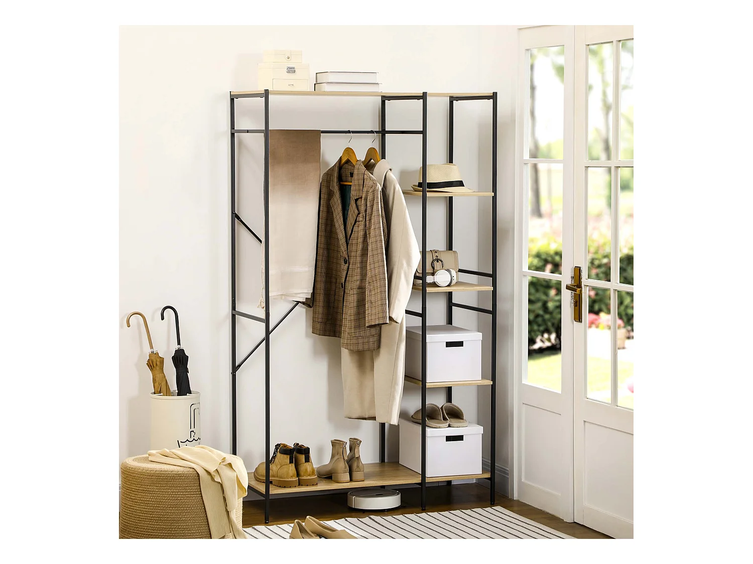 Penderie portant à vêtements style industriel en métal avec tringle et 4 étagères - dim. 100L x 46L x 170,5H cm - métal aspect chêne clair
