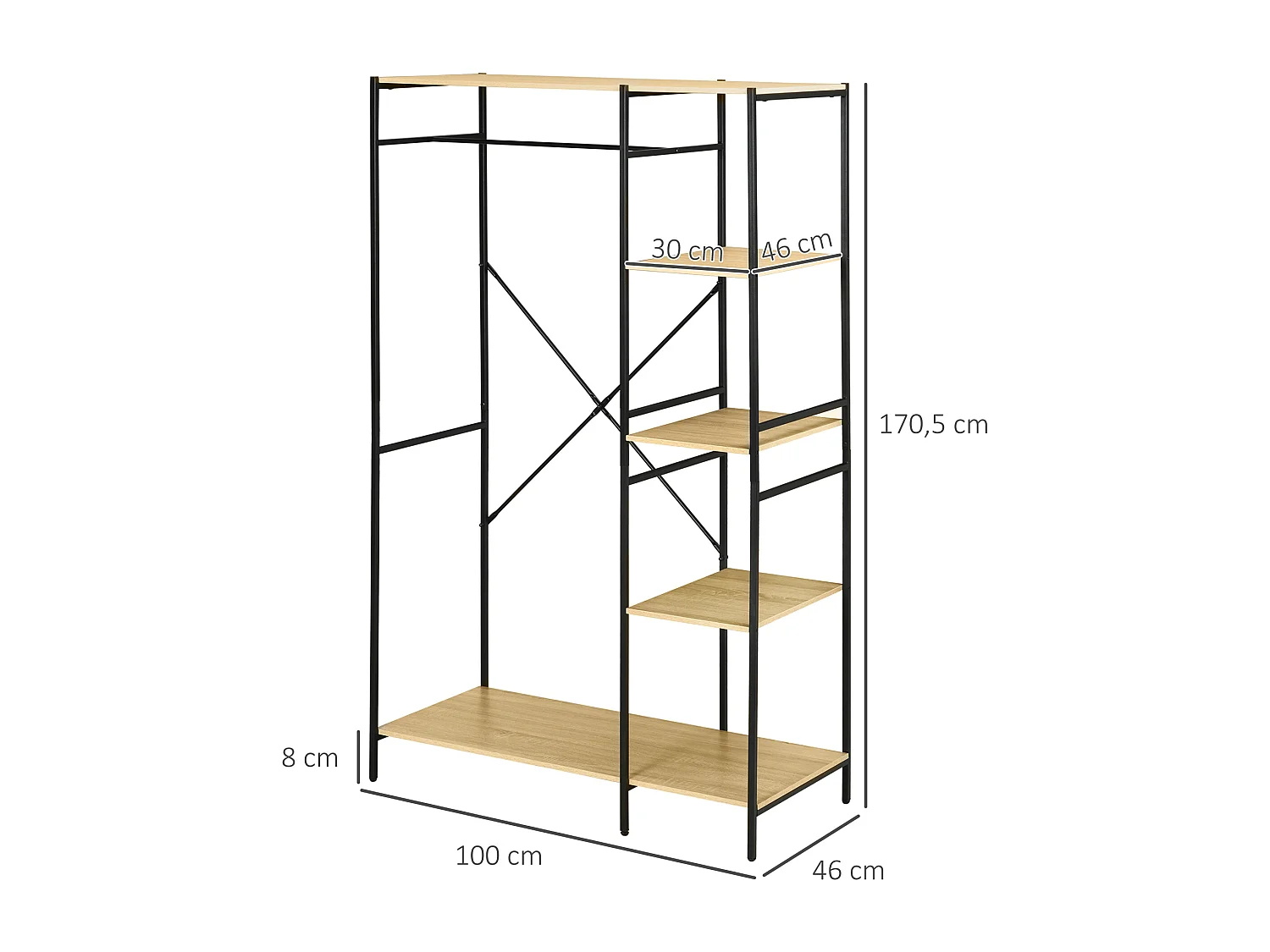 Penderie portant à vêtements style industriel en métal avec tringle et 4 étagères - dim. 100L x 46L x 170,5H cm - métal aspect chêne clair