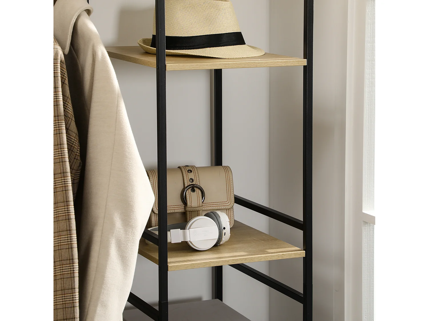 Penderie portant à vêtements style industriel en métal avec tringle et 4 étagères - dim. 100L x 46L x 170,5H cm - métal aspect chêne clair