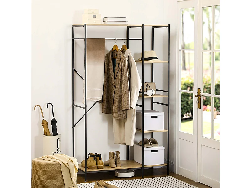 Penderie portant à vêtements style industriel en métal avec tringle et 4 étagères - dim. 100L x 46L x 170,5H cm - métal aspect chêne clair