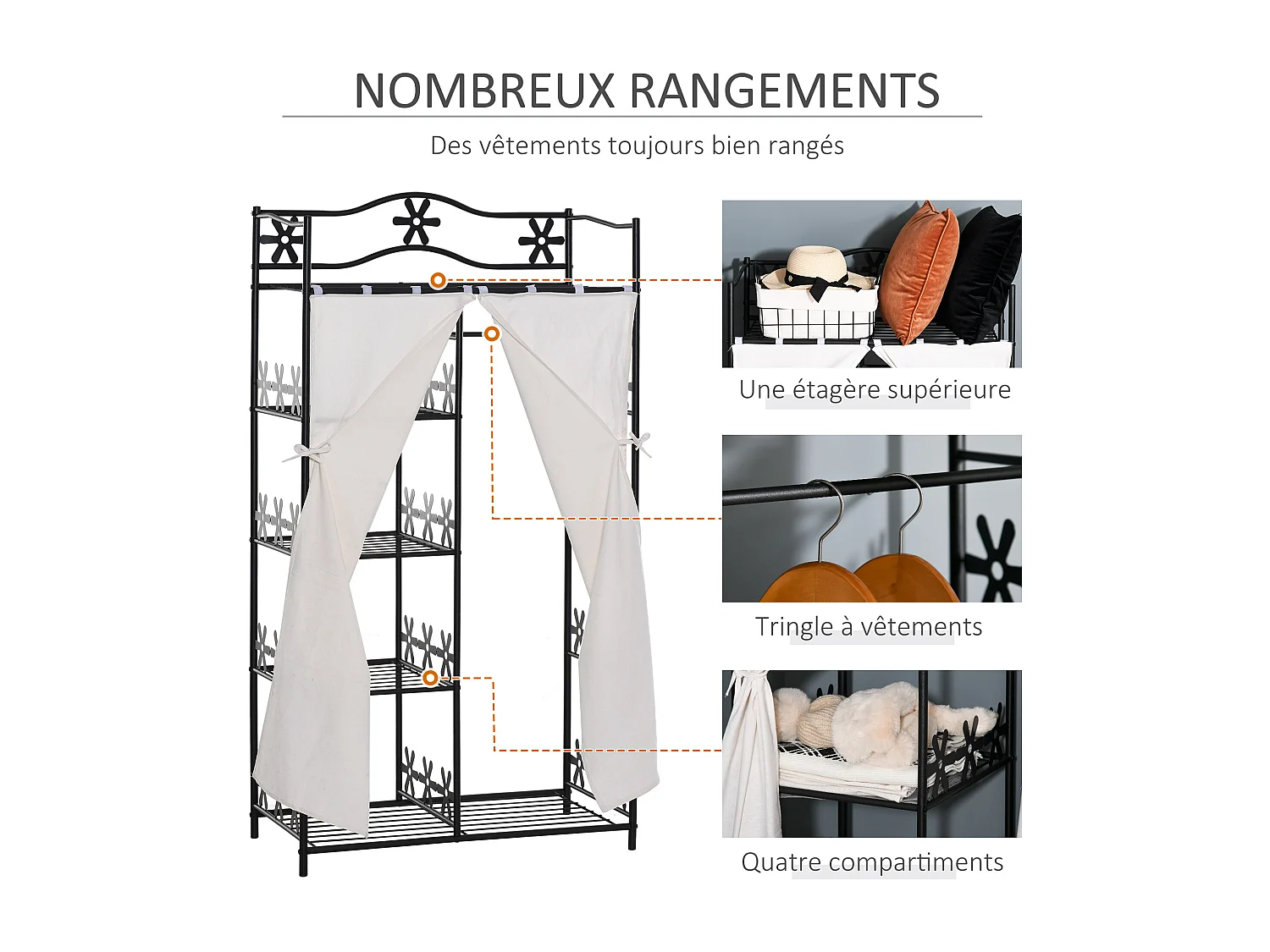 Armoire penderie multi-rangement - 5 étagères - dim. 84L x 42l x 158,5H cm - métal noir motif fleurs 2 rideaux blanc