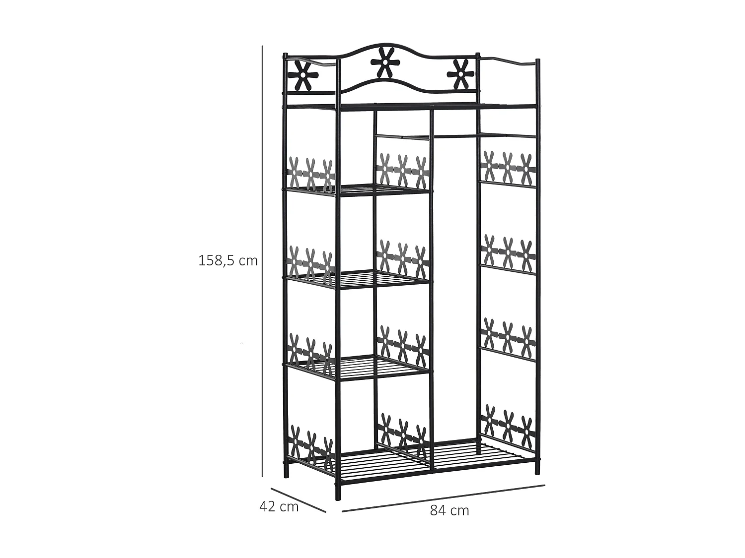 Armoire penderie multi-rangement - 5 étagères - dim. 84L x 42l x 158,5H cm - métal noir motif fleurs 2 rideaux blanc