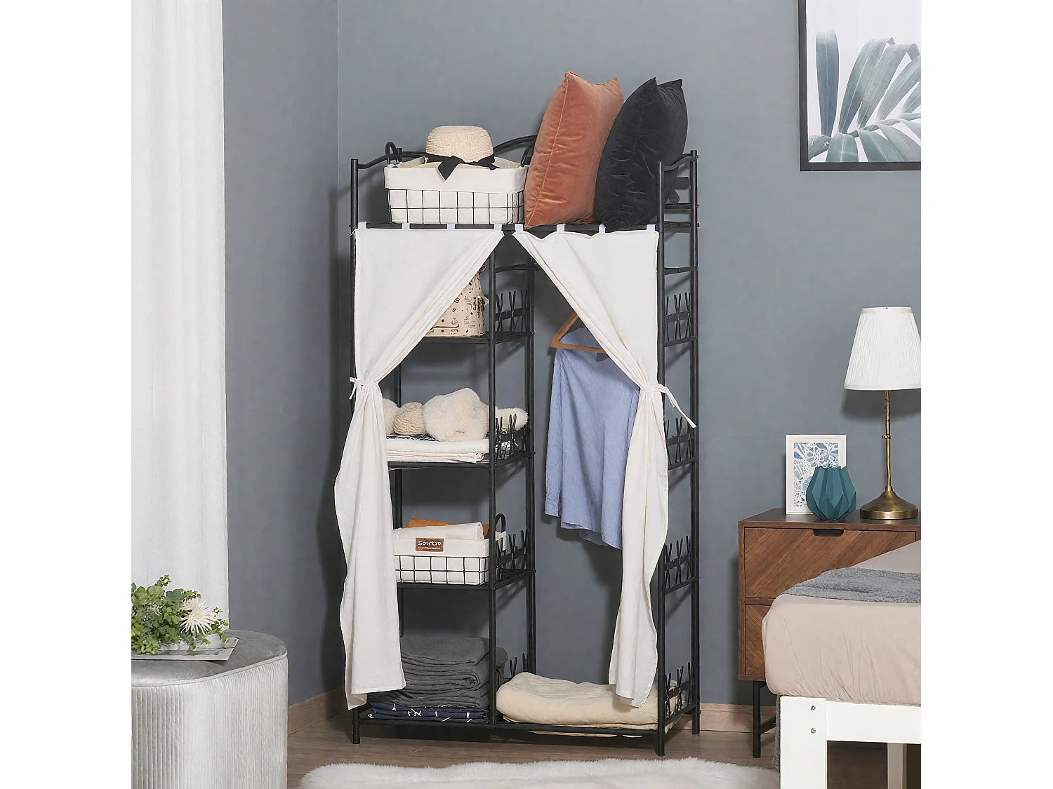 Armoire penderie multi-rangement - 5 étagères - dim. 84L x 42l x 158,5H cm - métal noir motif fleurs 2 rideaux blanc