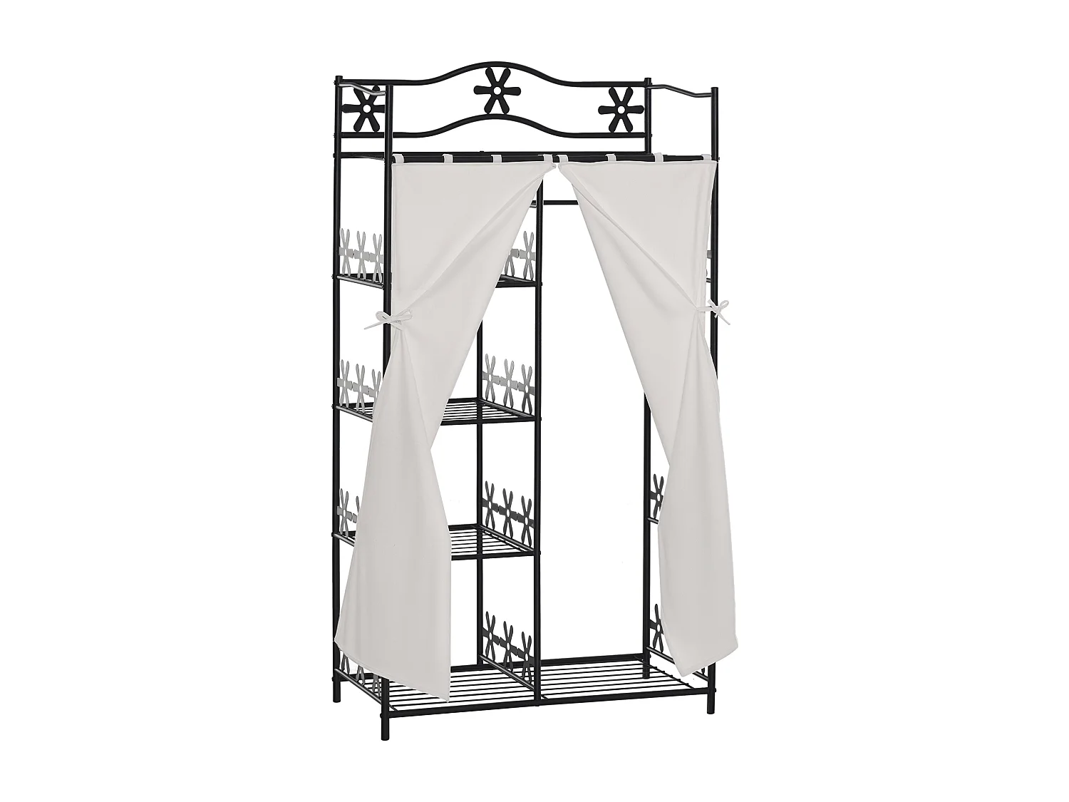 Armoire penderie multi-rangement - 5 étagères - dim. 84L x 42l x 158,5H cm - métal noir motif fleurs 2 rideaux blanc