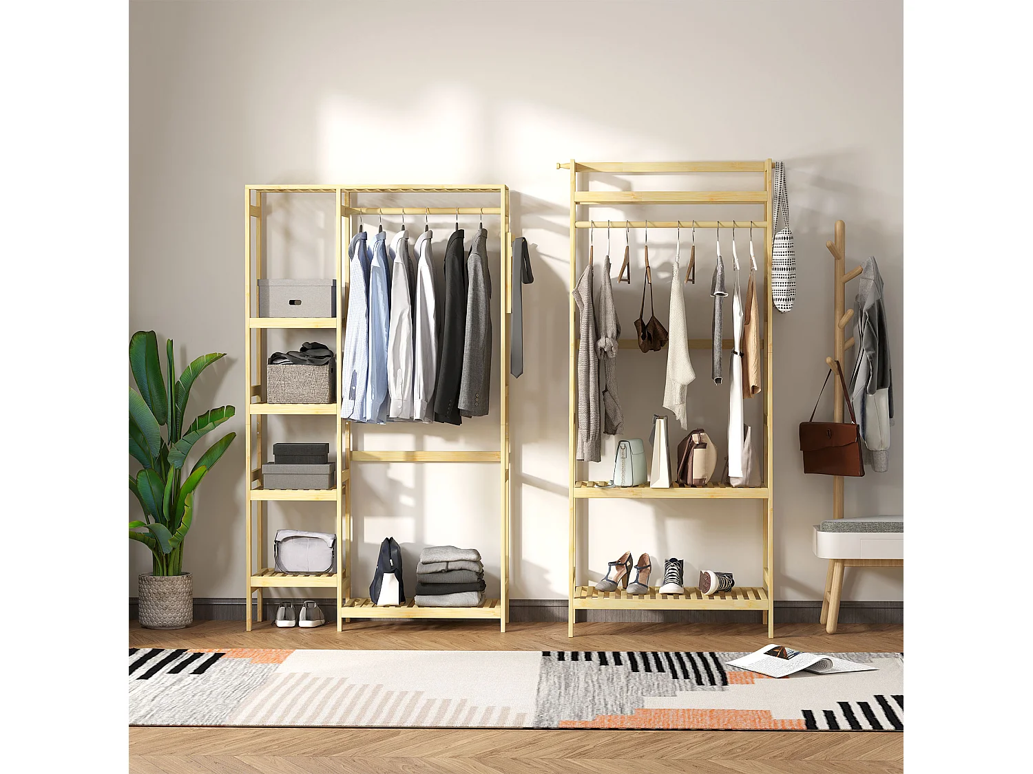 Penderie porte-manteaux - 5 étagères, espace penderie, 2 patères - dim. 90L x 30l x 155H cm - bois bambou