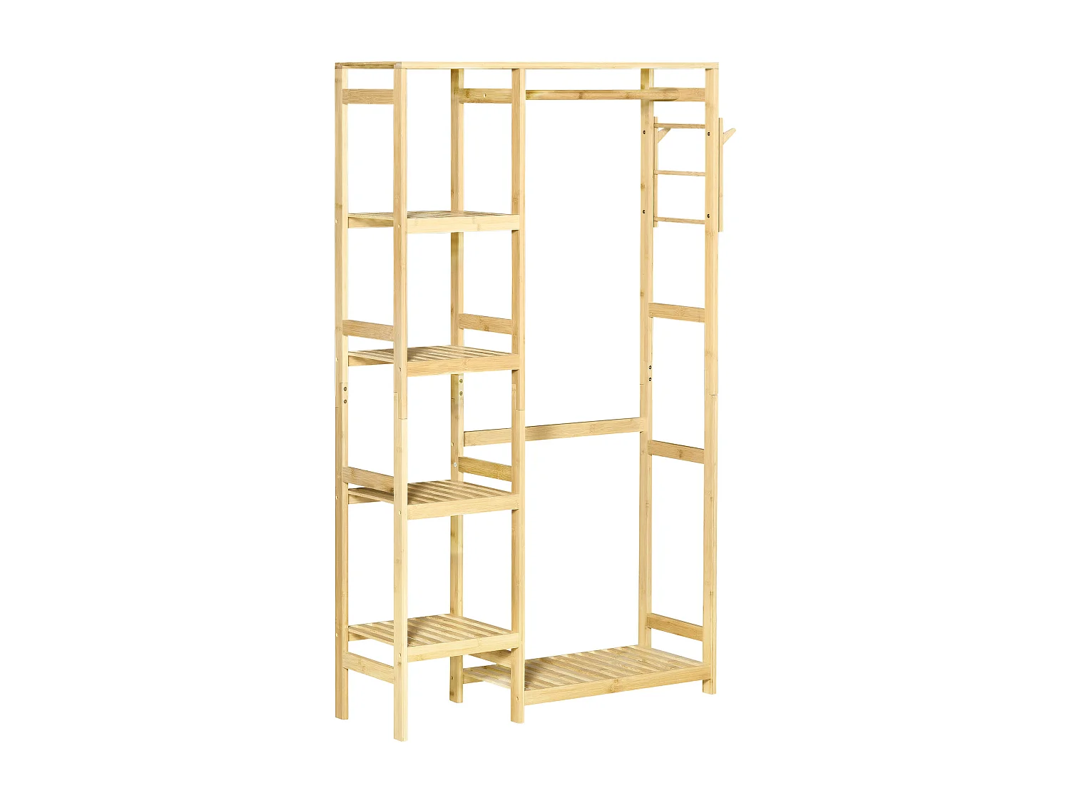 Penderie porte-manteaux - 5 étagères, espace penderie, 2 patères - dim. 90L x 30l x 155H cm - bois bambou