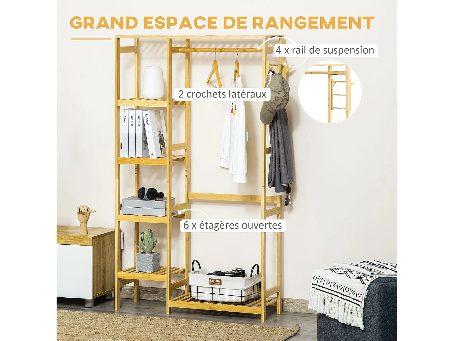 Penderie porte-manteaux - 5 étagères, espace penderie, 2 patères - dim. 90L x 30l x 155H cm - bois bambou