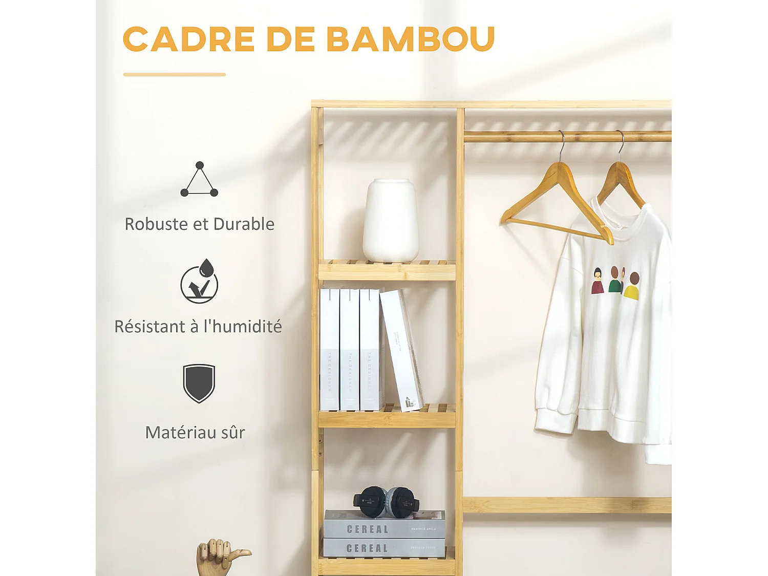 Penderie porte-manteaux - 5 étagères, espace penderie, 2 patères - dim. 90L x 30l x 155H cm - bois bambou