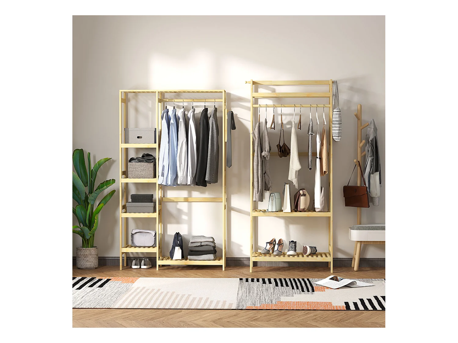 Penderie porte-manteaux - 5 étagères, espace penderie, 2 patères - dim. 90L x 30l x 155H cm - bois bambou