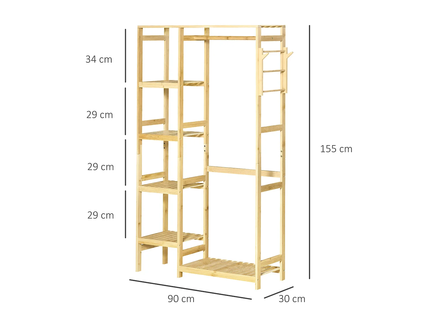 Penderie porte-manteaux - 5 étagères, espace penderie, 2 patères - dim. 90L x 30l x 155H cm - bois bambou
