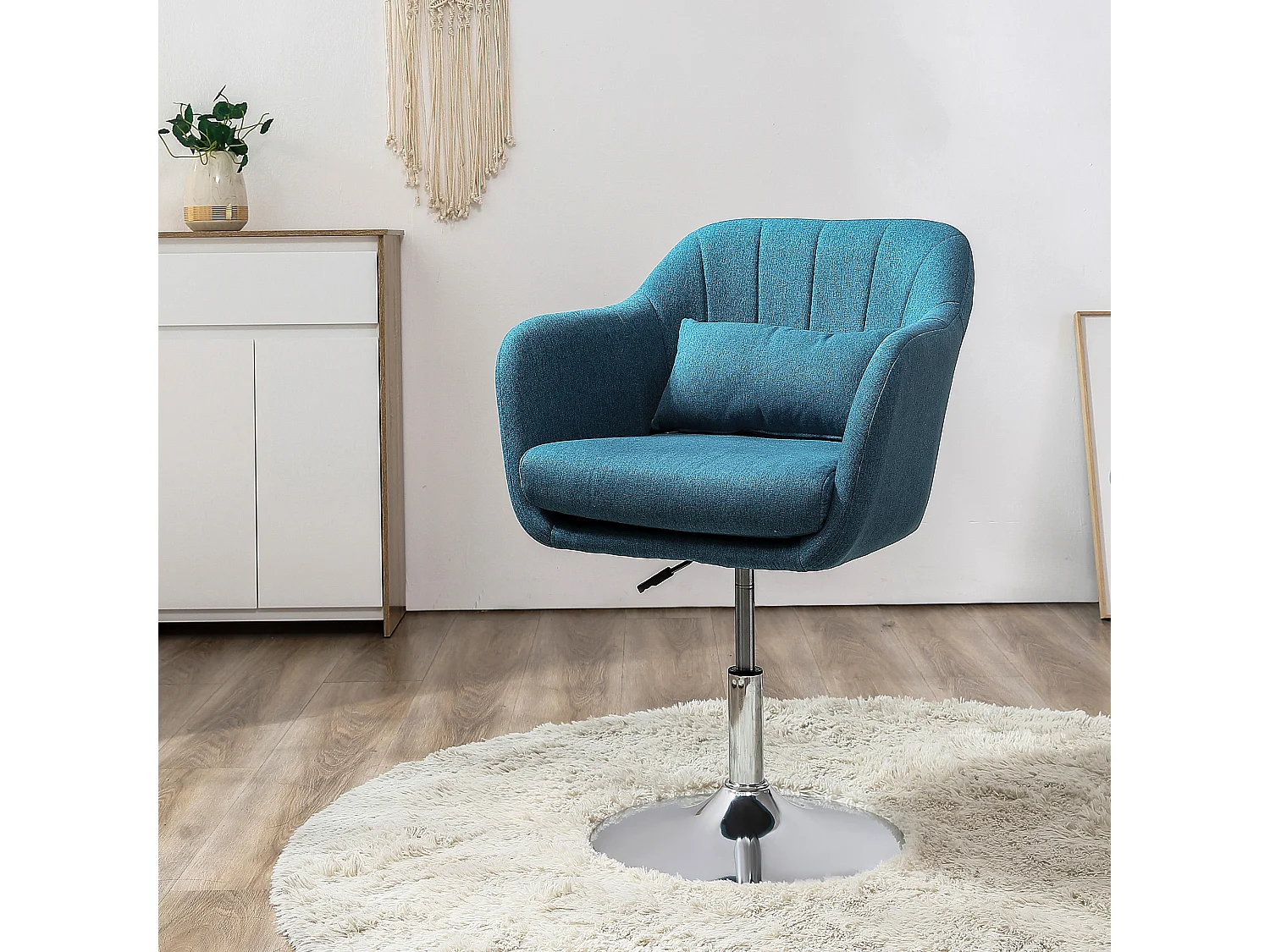Fauteuil lounge design grand confort coussins lombaires hauteur réglable pivotant 360° piètement métal chromé lin bleu canard