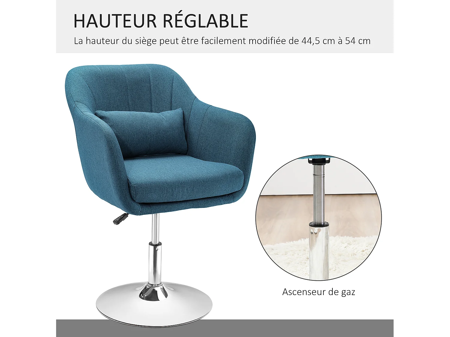 Fauteuil lounge design grand confort coussins lombaires hauteur réglable pivotant 360° piètement métal chromé lin bleu canard