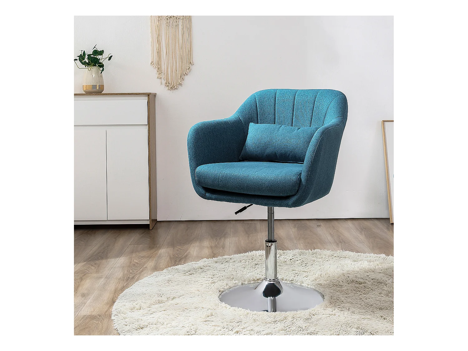 Fauteuil lounge design grand confort coussins lombaires hauteur réglable pivotant 360° piètement métal chromé lin bleu canard