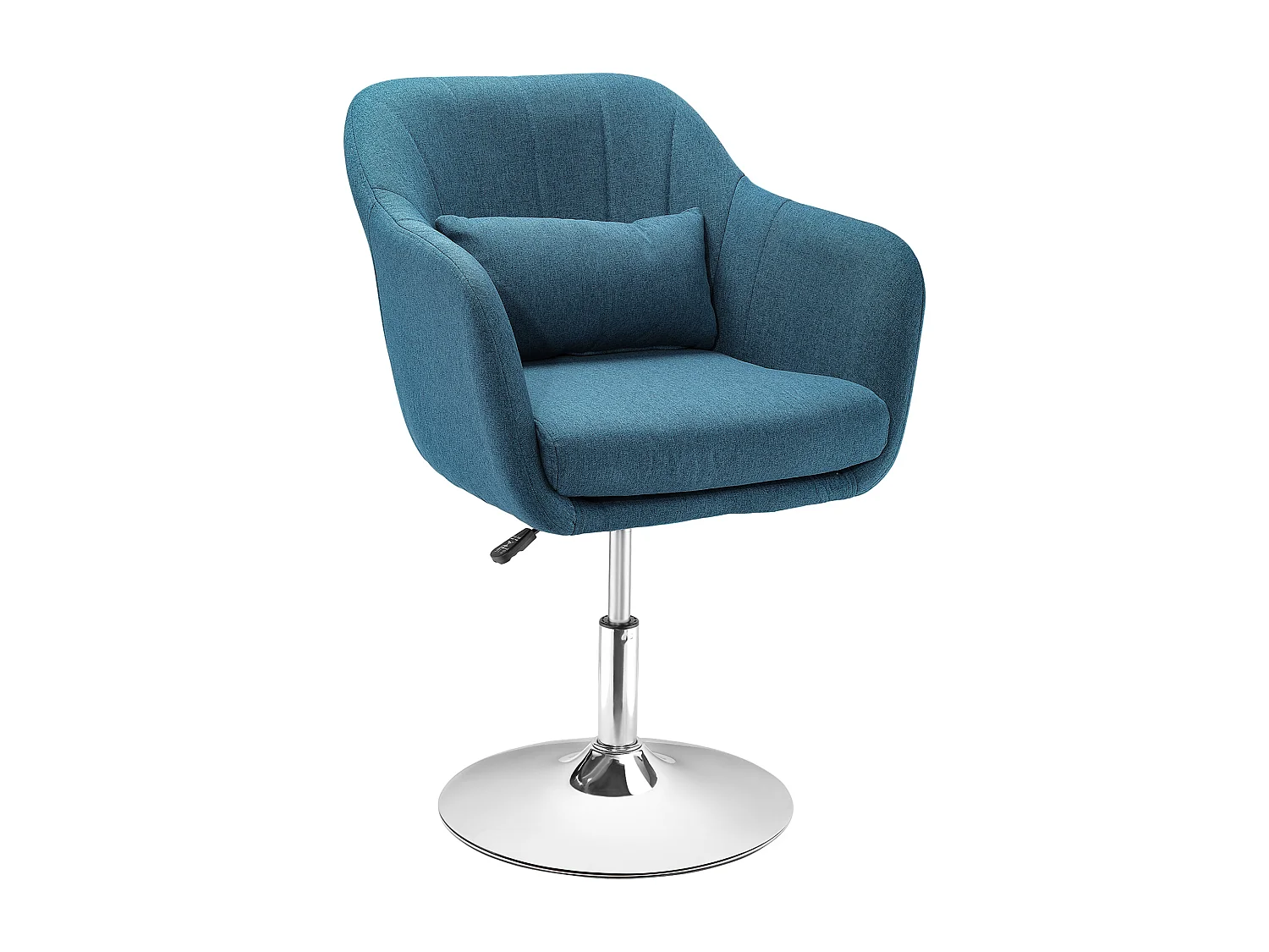 Fauteuil lounge design grand confort coussins lombaires hauteur réglable pivotant 360° piètement métal chromé lin bleu canard