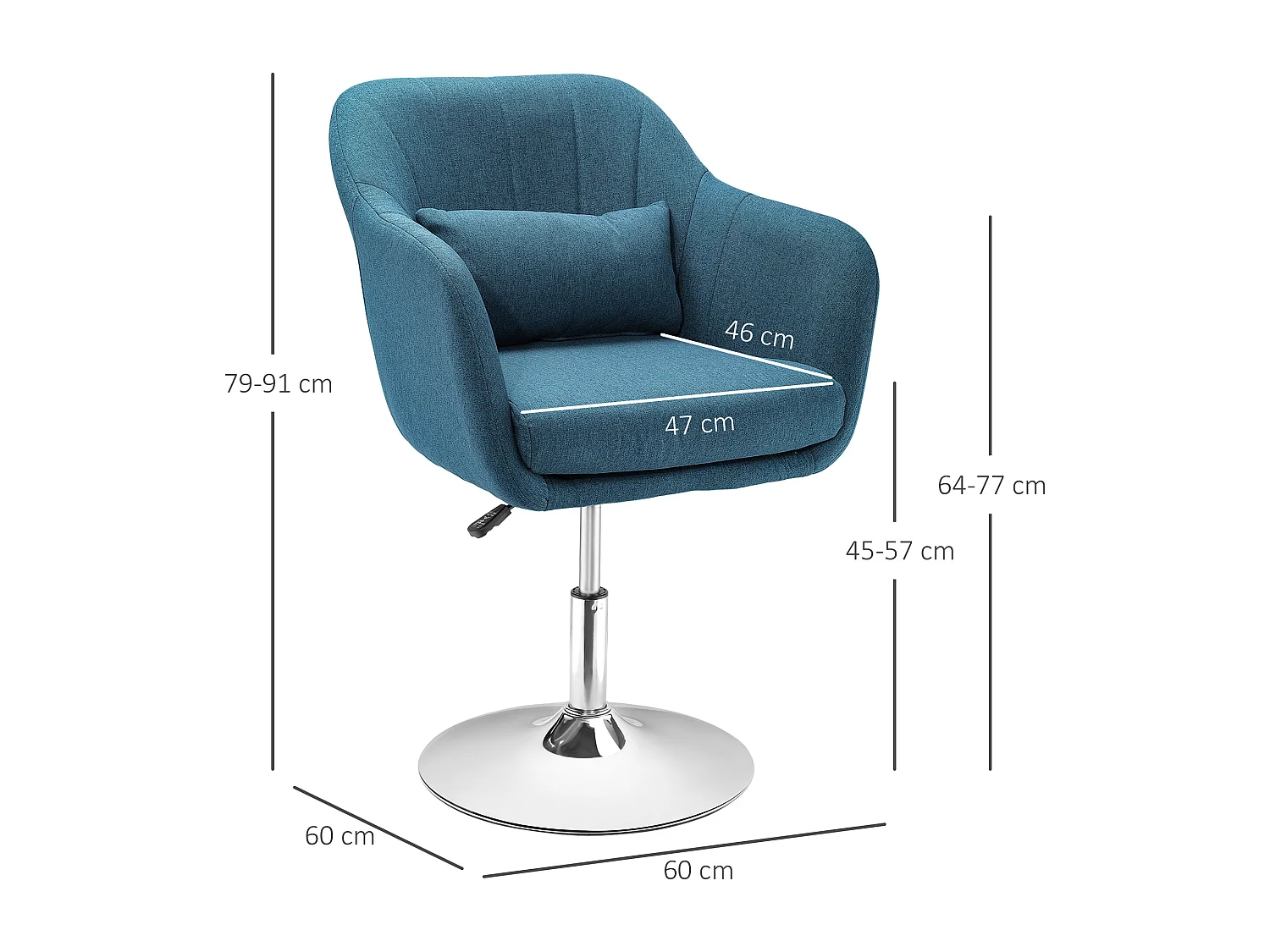 Fauteuil lounge design grand confort coussins lombaires hauteur réglable pivotant 360° piètement métal chromé lin bleu canard