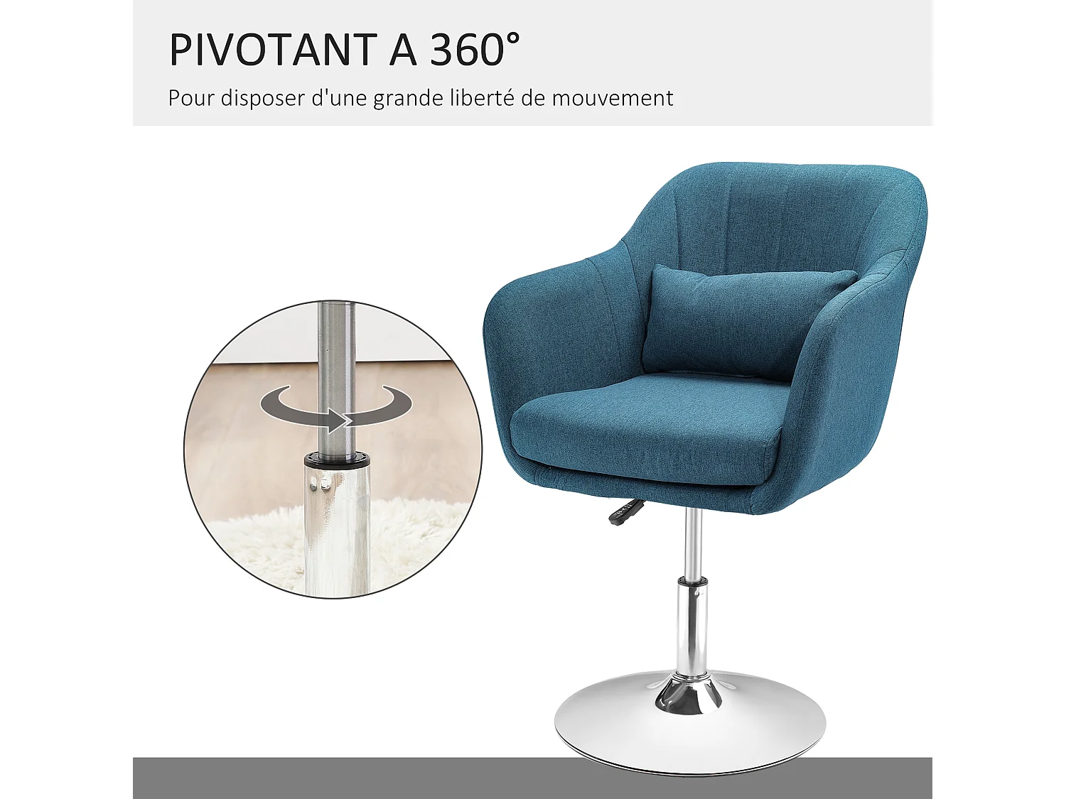 Fauteuil lounge design grand confort coussins lombaires hauteur réglable pivotant 360° piètement métal chromé lin bleu canard