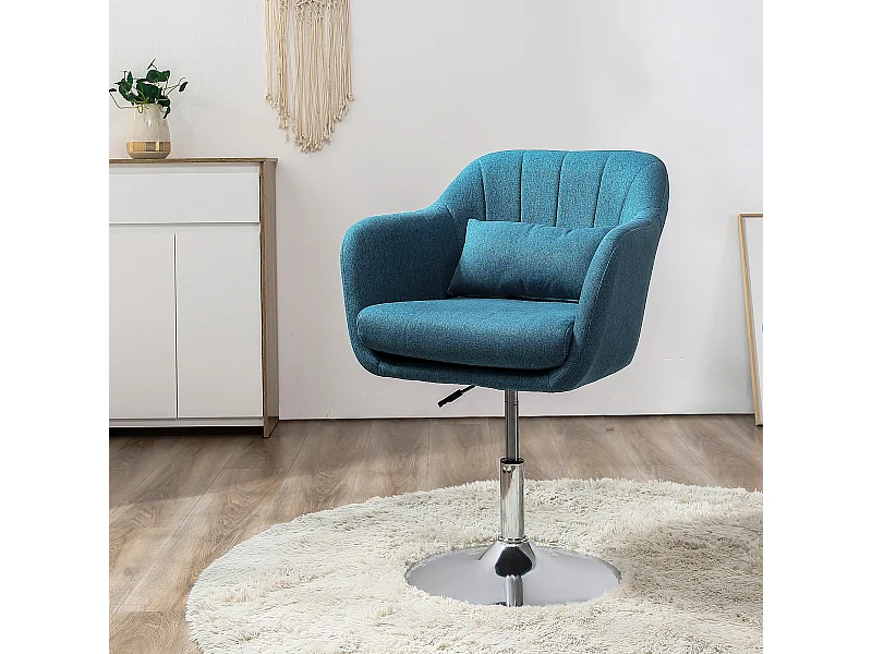 Fauteuil lounge design grand confort coussins lombaires hauteur réglable pivotant 360° piètement métal chromé lin bleu canard