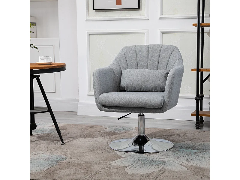 Fauteuil lounge design grand confort coussins lombaires hauteur réglable pivotant 360° piètement métal chromé lin gris