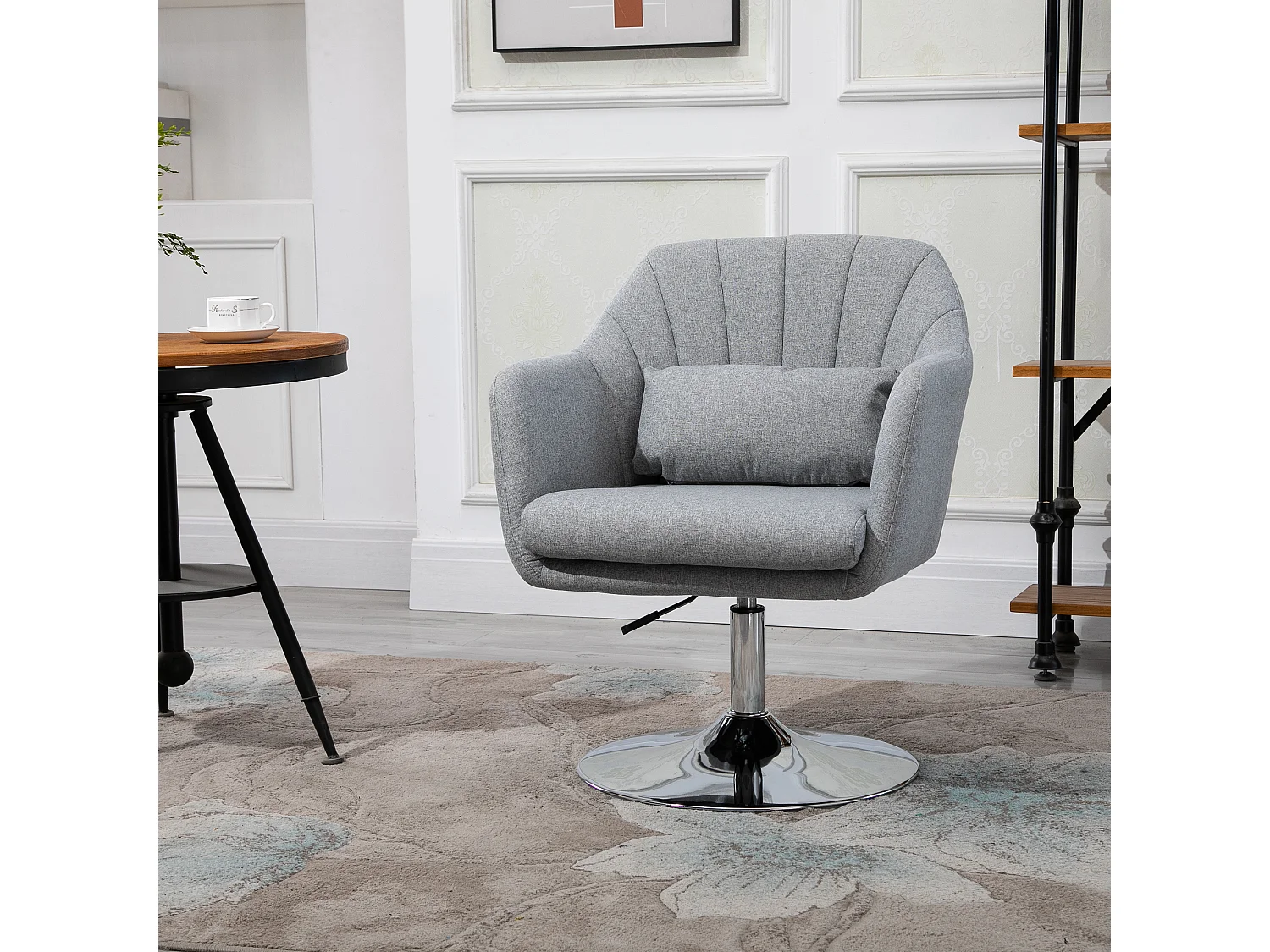 Fauteuil lounge design grand confort coussins lombaires hauteur réglable pivotant 360° piètement métal chromé lin gris