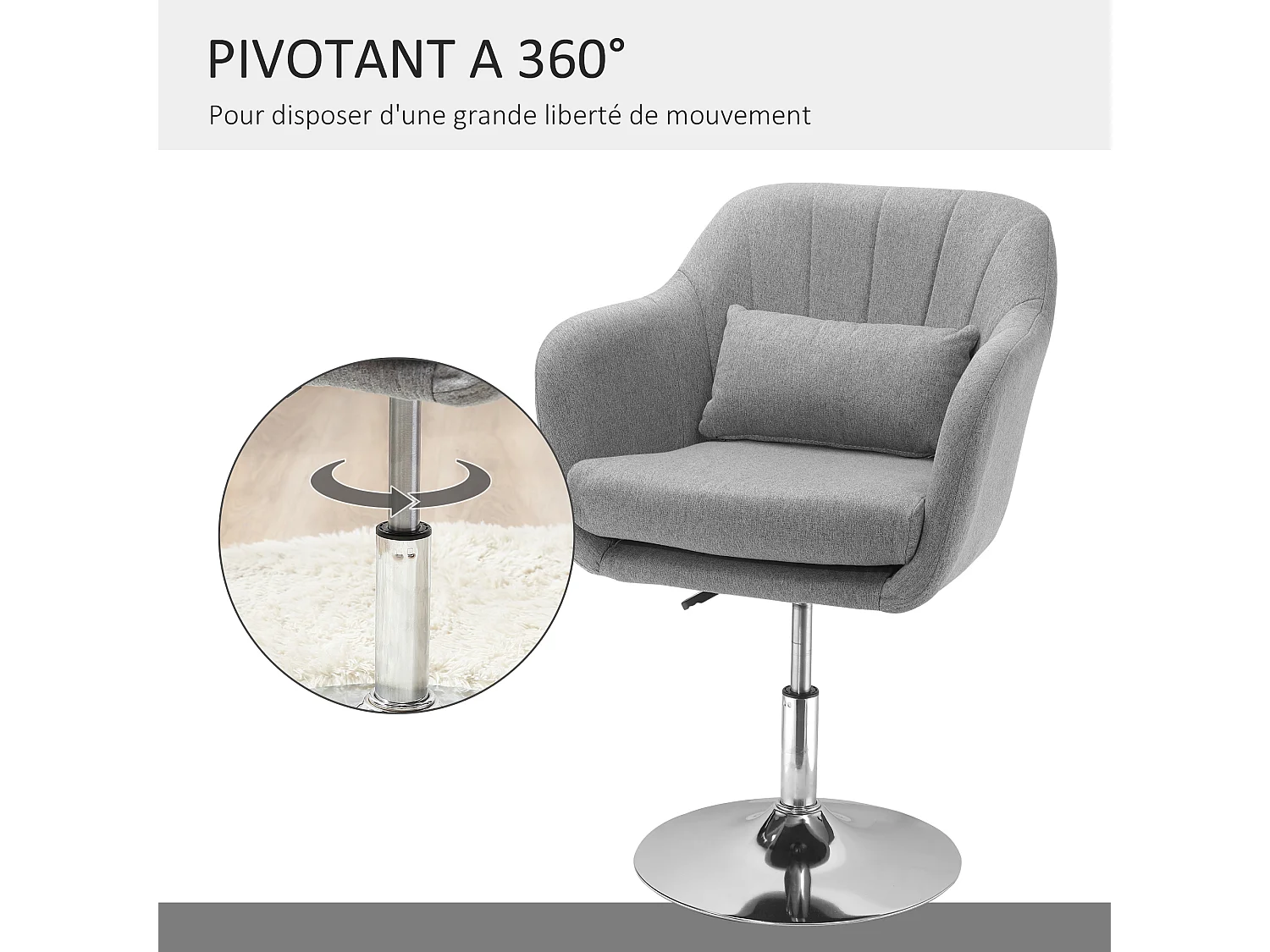 Fauteuil lounge design grand confort coussins lombaires hauteur réglable pivotant 360° piètement métal chromé lin gris
