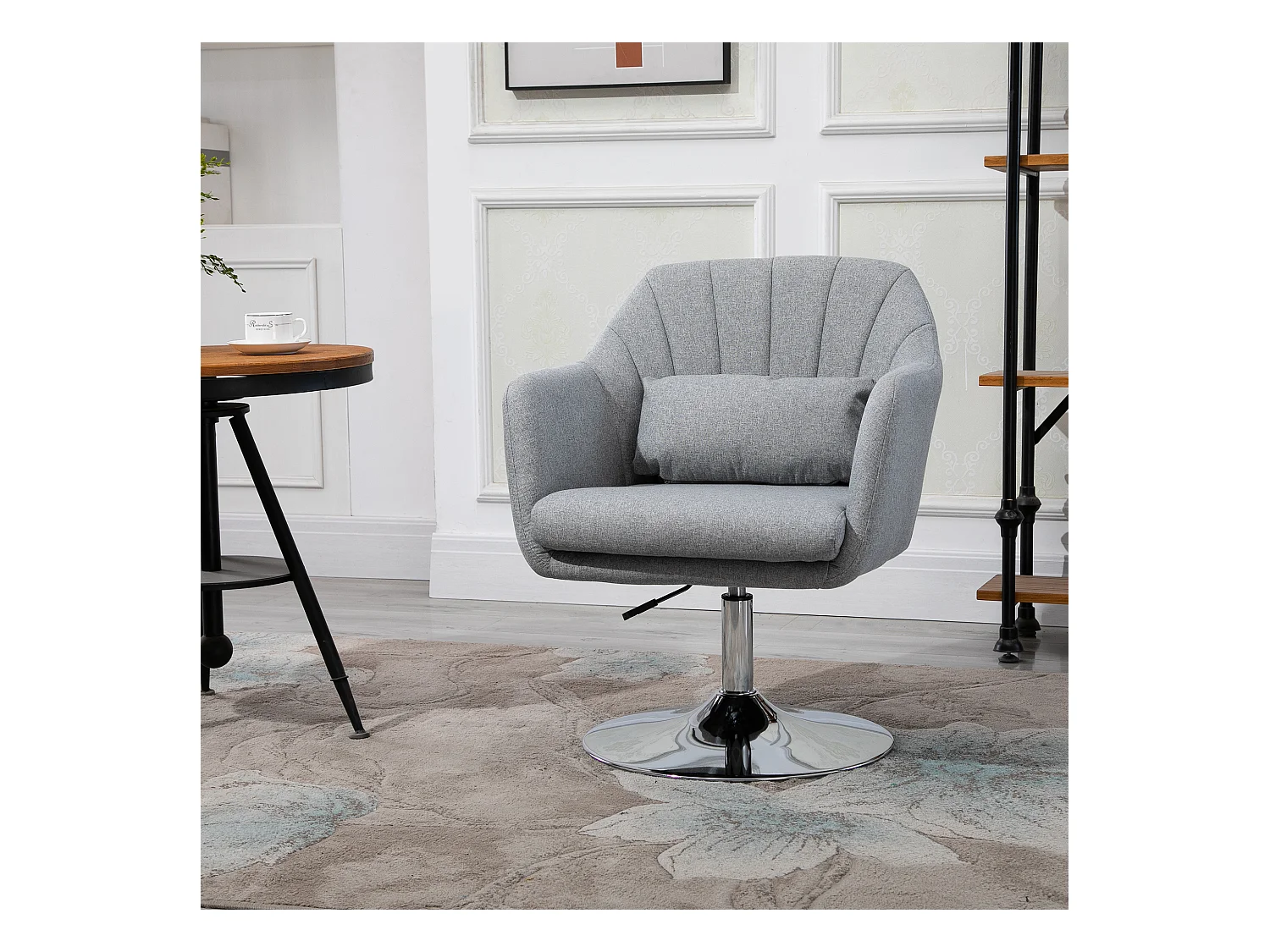 Fauteuil lounge design grand confort coussins lombaires hauteur réglable pivotant 360° piètement métal chromé lin gris