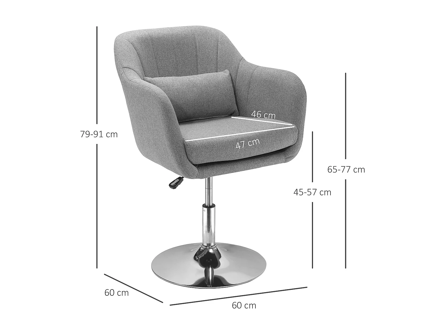 Fauteuil lounge design grand confort coussins lombaires hauteur réglable pivotant 360° piètement métal chromé lin gris