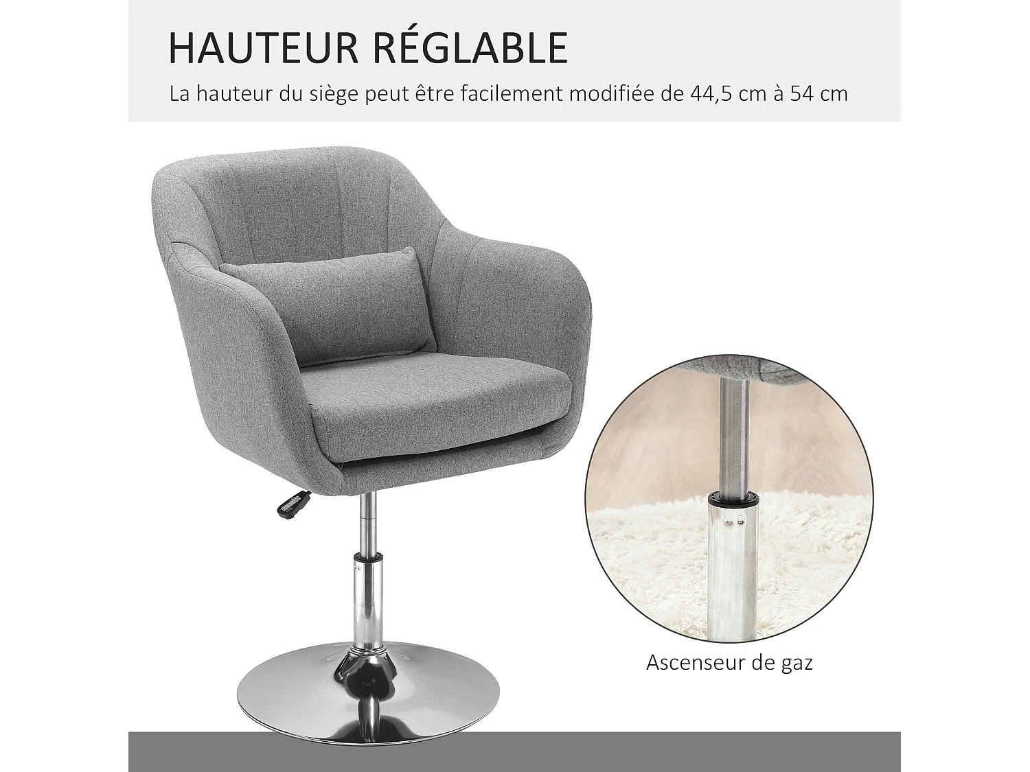 Fauteuil lounge design grand confort coussins lombaires hauteur réglable pivotant 360° piètement métal chromé lin gris