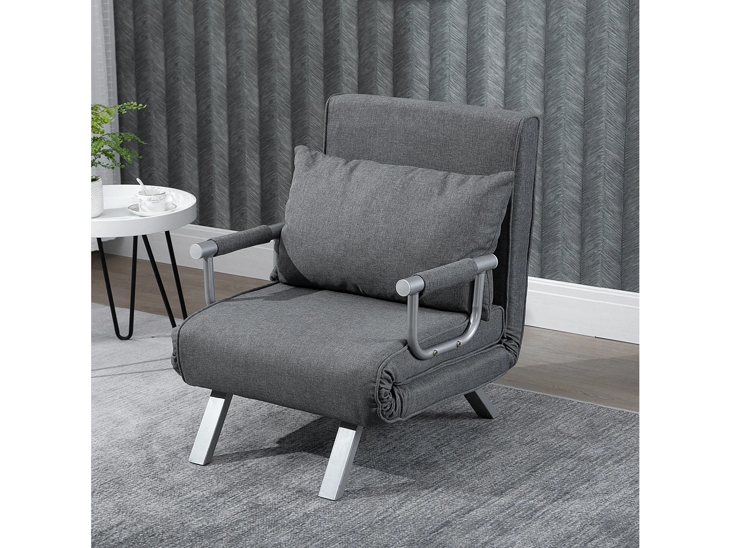 Fauteuil chauffeuse canapé-lit convertible 1 place déhoussable grand confort coussin pieds accoudoirs métal suède gris