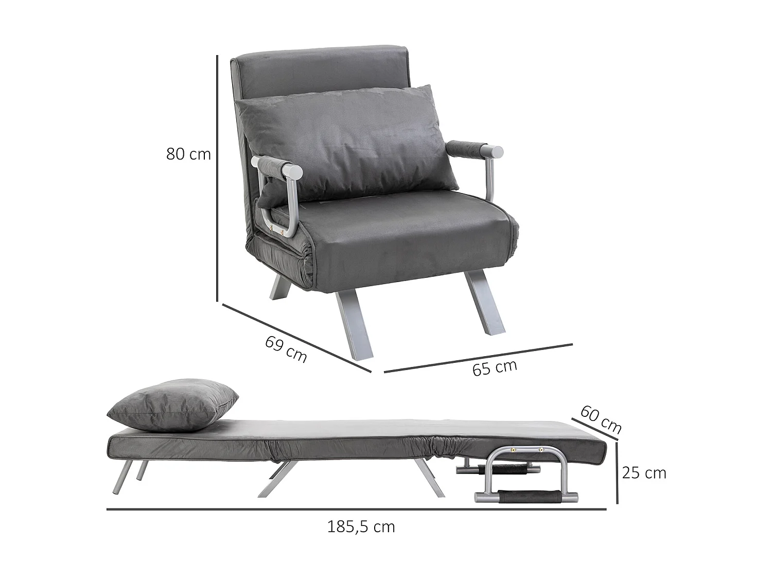 Fauteuil chauffeuse canapé-lit convertible 1 place déhoussable grand confort coussin pieds accoudoirs métal suède gris