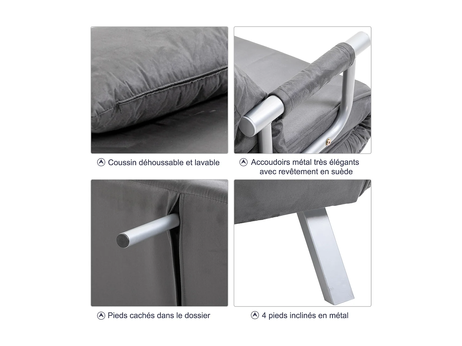 Fauteuil chauffeuse canapé-lit convertible 1 place déhoussable grand confort coussin pieds accoudoirs métal suède gris
