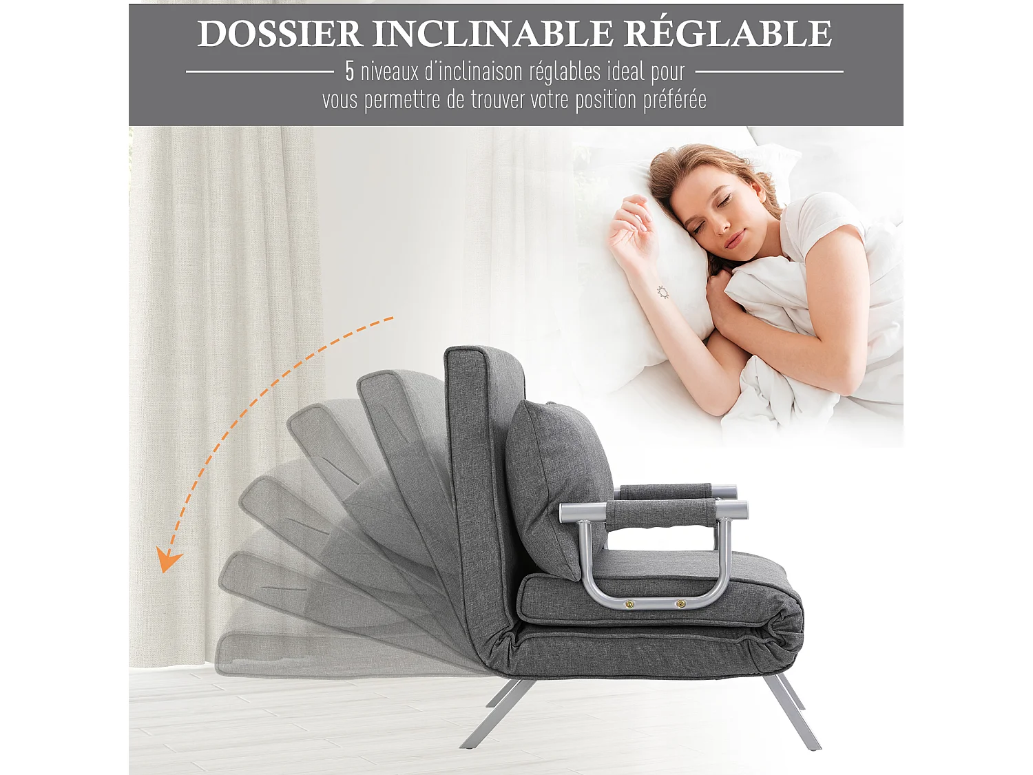 Fauteuil chauffeuse canapé-lit convertible 1 place déhoussable grand confort coussin pieds accoudoirs métal lin gris clair